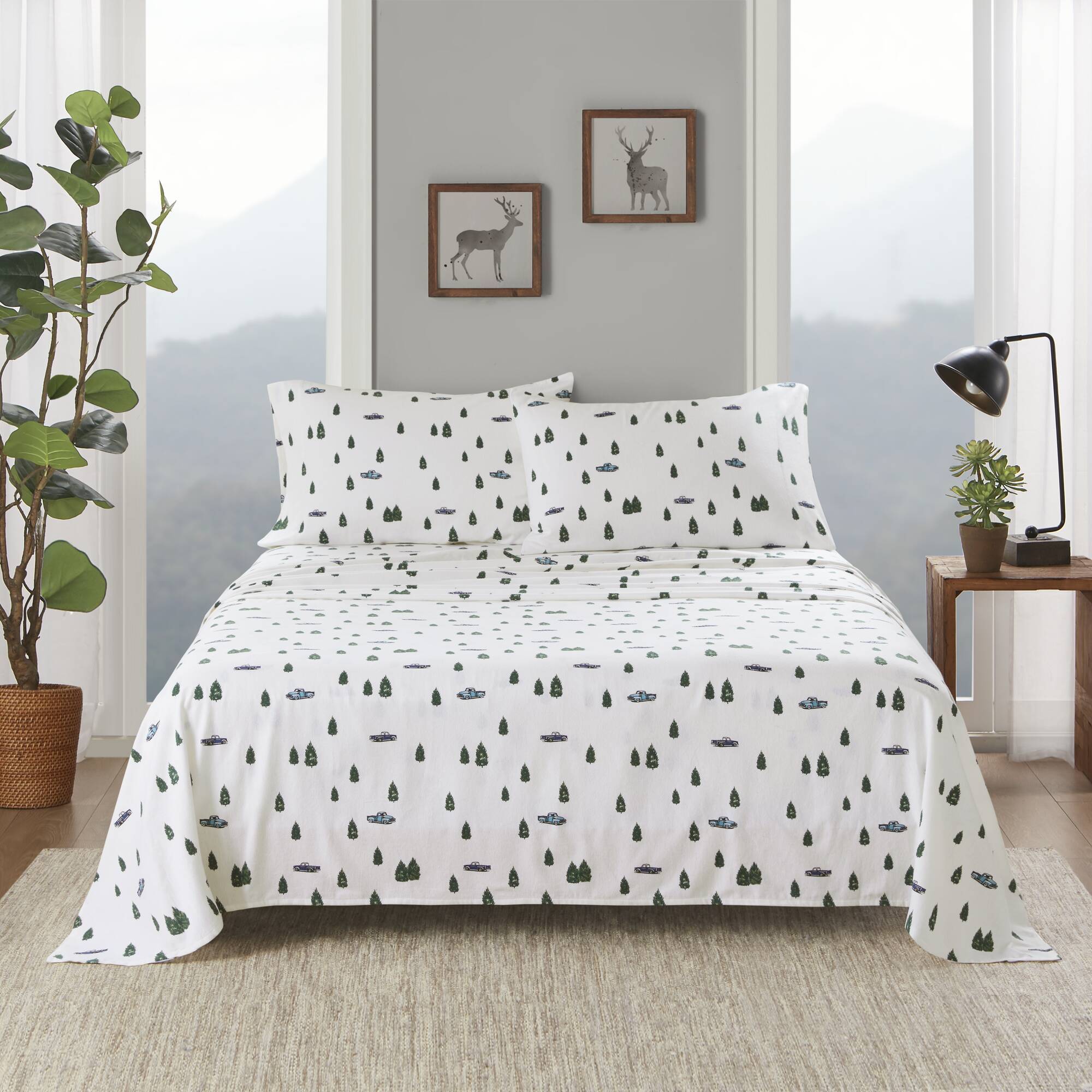 4 PCS King Sheet Set Green Trees & Trucks
