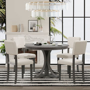 TREXM 5-Piece Retro Round Dining Table Set with Curved Trestle Style Table Legs and 4 Upholstered Chairs for Dining Room (Dark Gray)