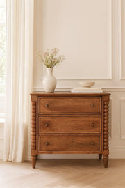 Solid Wood Spindle Chest,Brown,3-Drawers