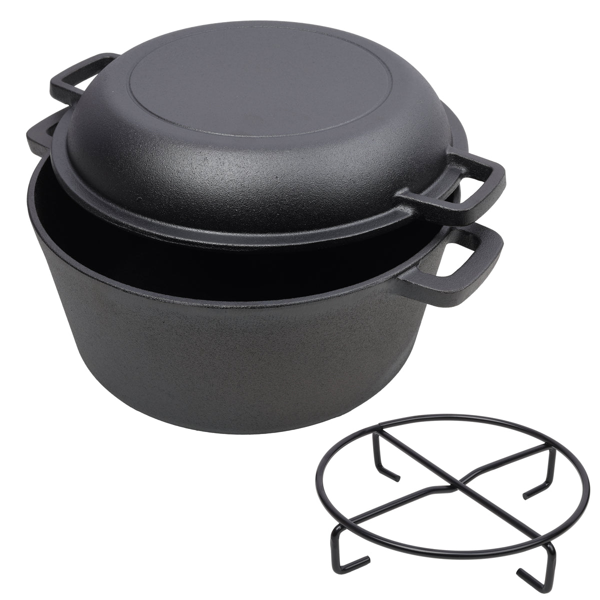 2-in-1 Pre-Seasoned Cast Iron Dutch Oven with Dual Handles, Black, Iron, 5 Quart