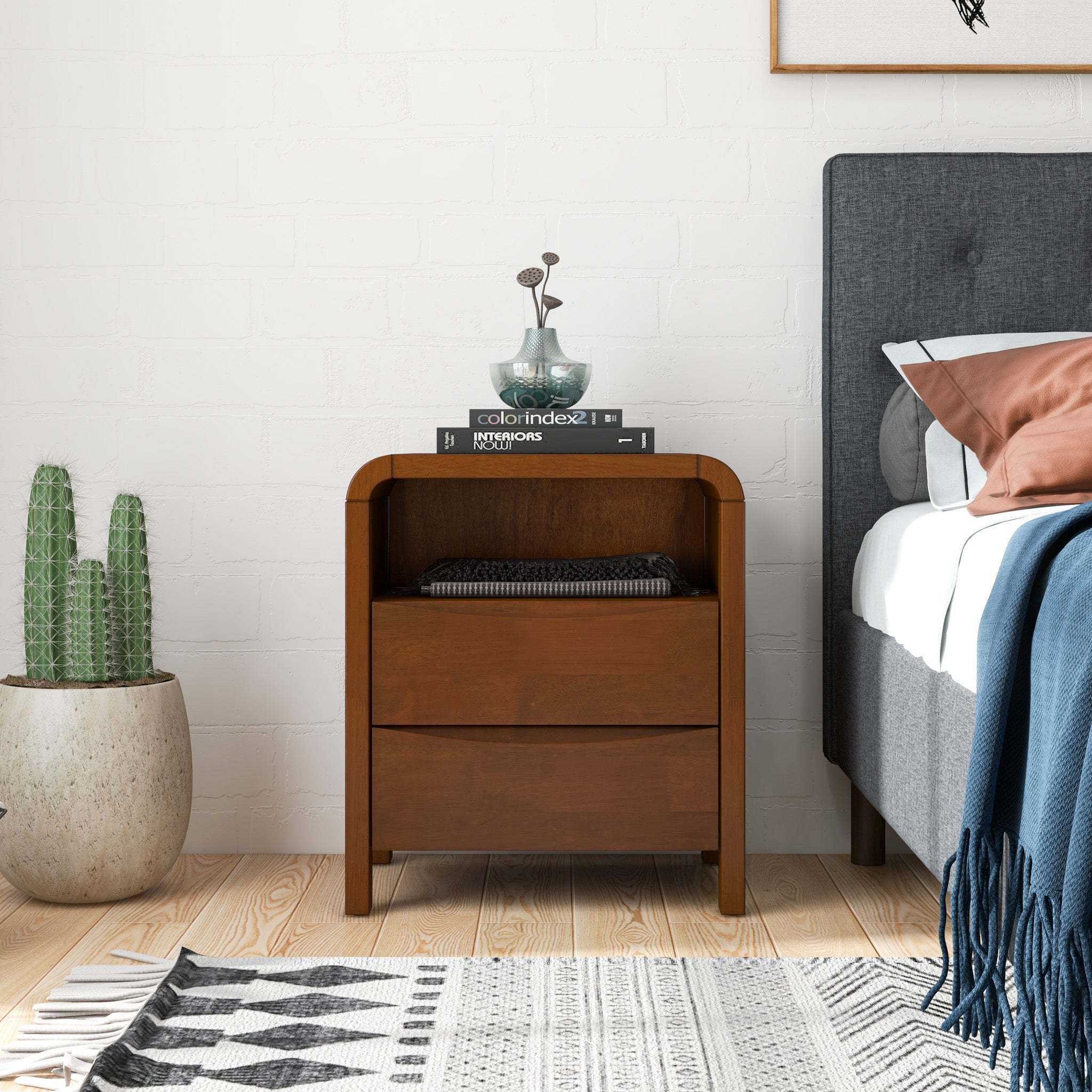 Lionel Mid Century Modern Solid Wood Nightstand 2-Drawer 23.6'H x 20.4'W x 15.7'D For Bedroom, Living Room