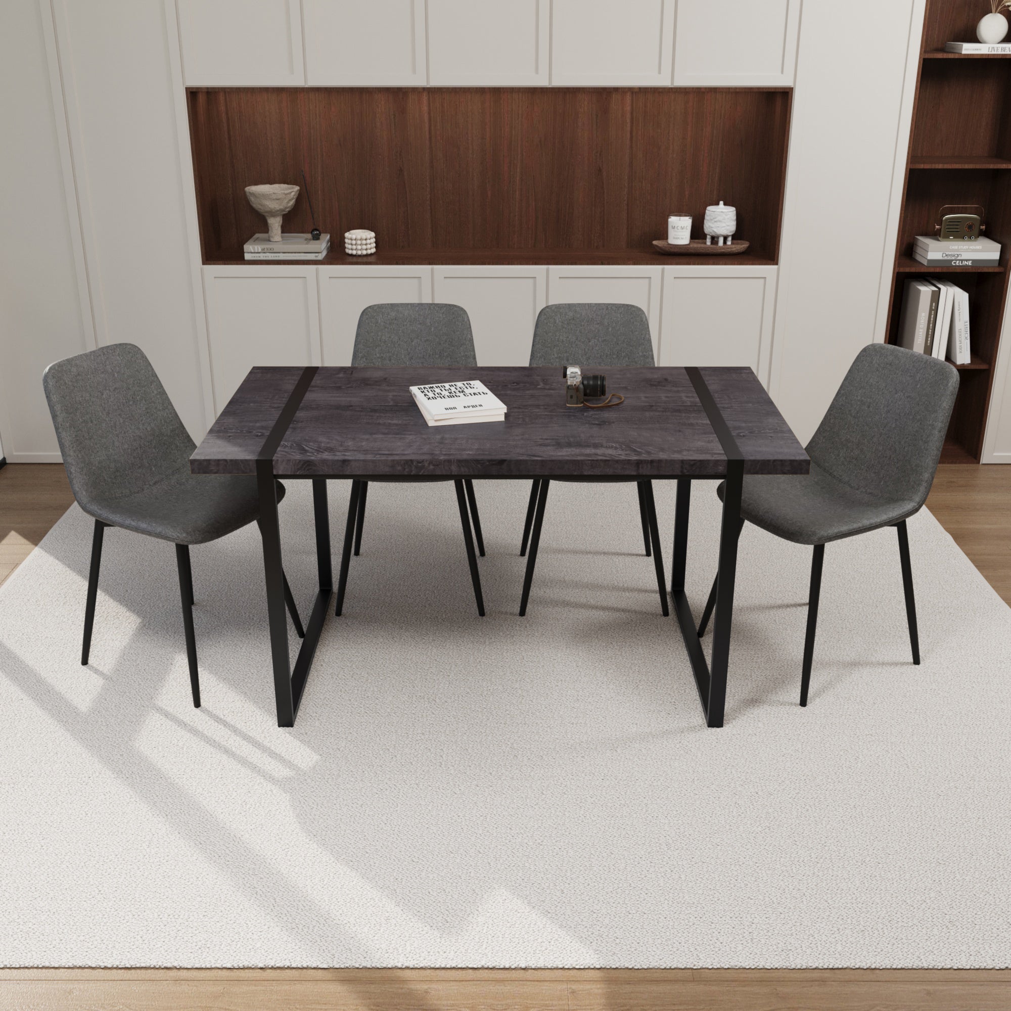 59' MDF black wooden dining table and modern dining chair 4-piece set, medieval wooden kitchen dining table set, rectangular metal base, dining table and suede chair