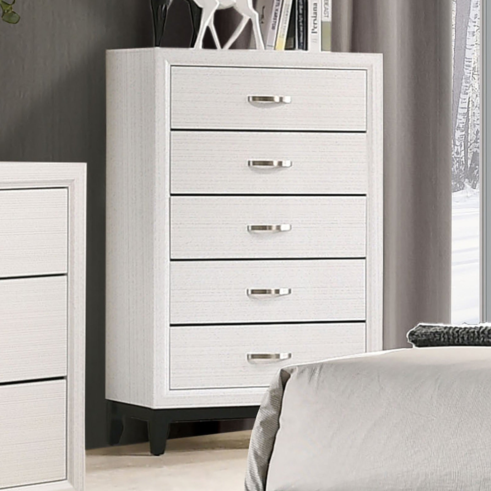 Contemporary Style 1pc Chest Modern Look Two Tone Design Wooden Legs Nickel Bar Pulls White Finish Bedroom Furniture