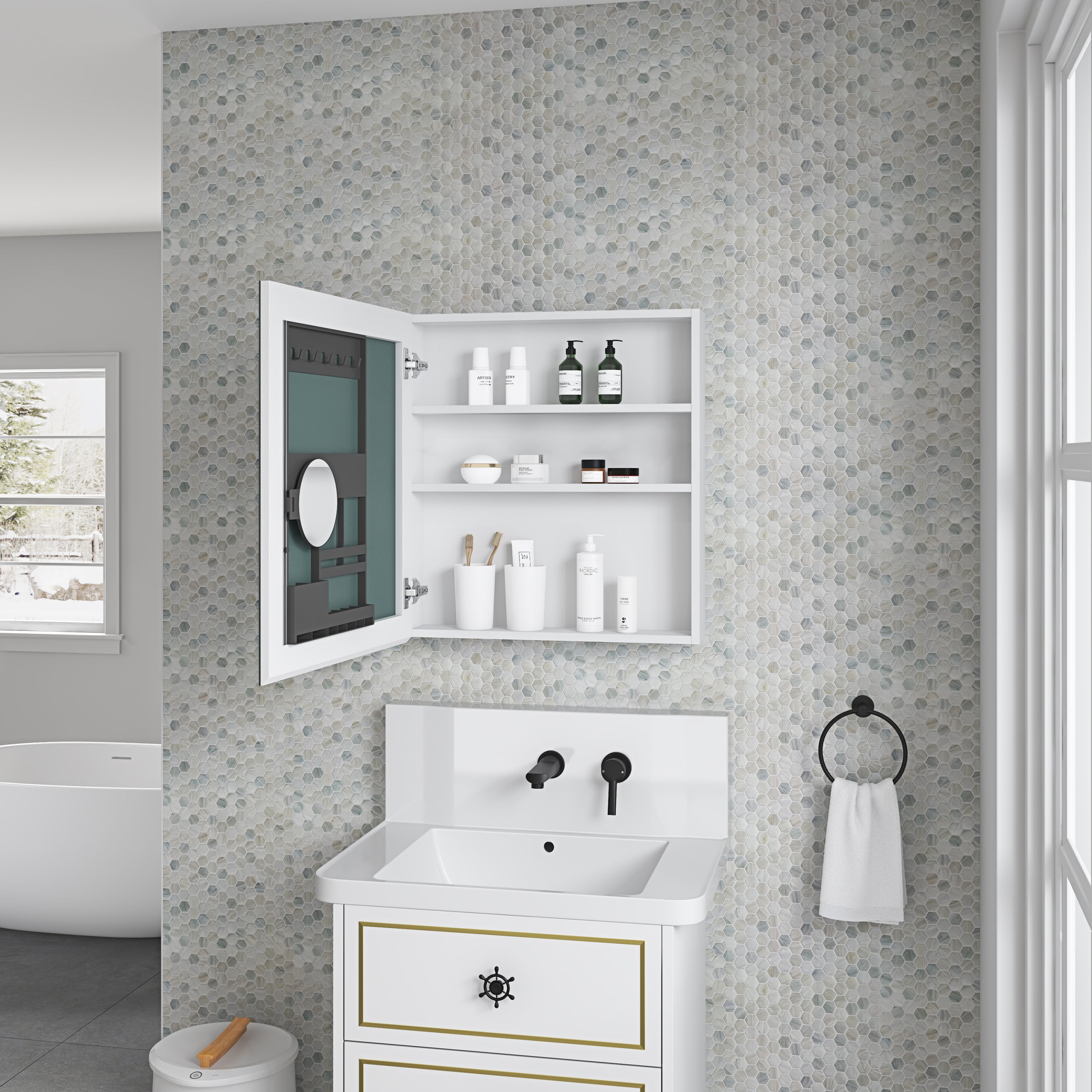 24'' W x 26'' H Surface Frameless Mirror Medicine Cabinet, Beveled Mirror Edges Bathroom Medicine Cabinet, Left opening door