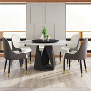 59.05' Round Marble Dining Table with Black Iron Metal Base, Artificial Marble for 6-8 People, 31.5'Black Artificial Stone Turntable,White&Black (Dining Table Only)