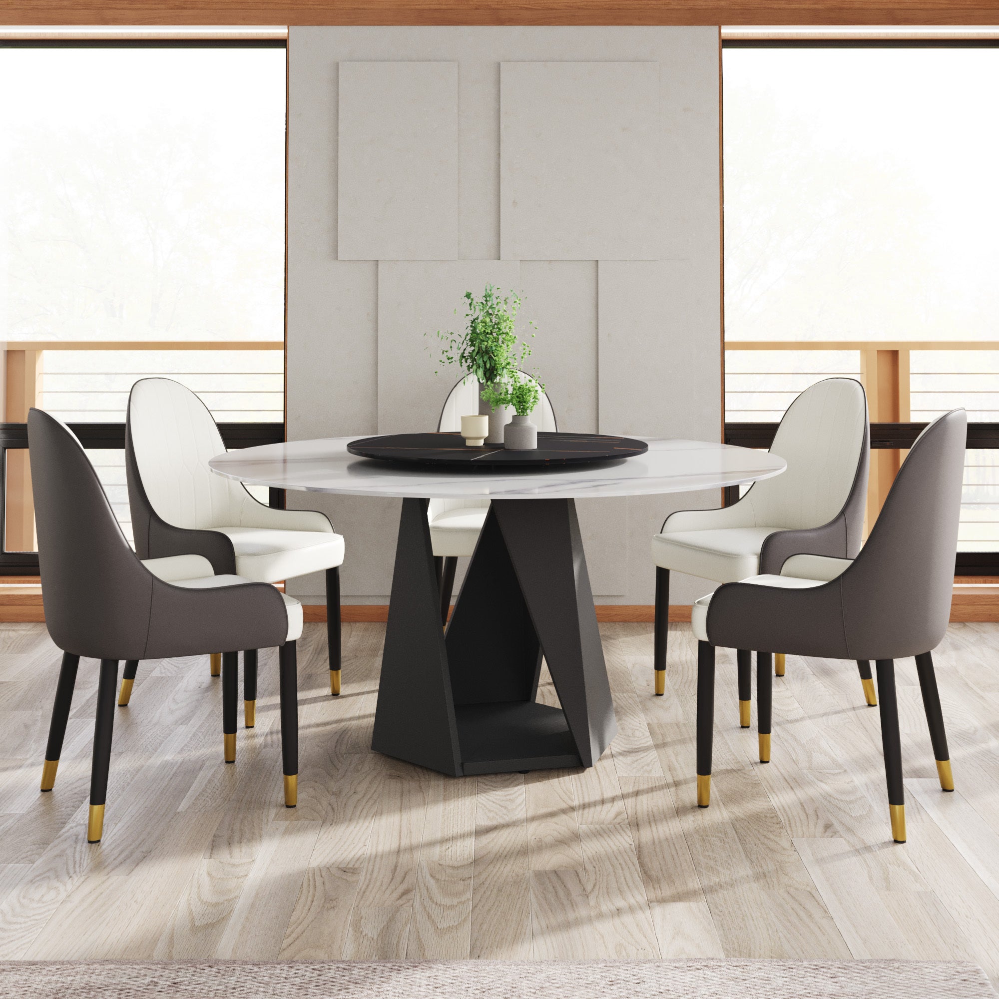 59.05' Round Marble Dining Table with Black Iron Metal Base, Artificial Marble for 6-8 People, 31.5'Black Artificial Stone Turntable,White&Black (Dining Table Only)