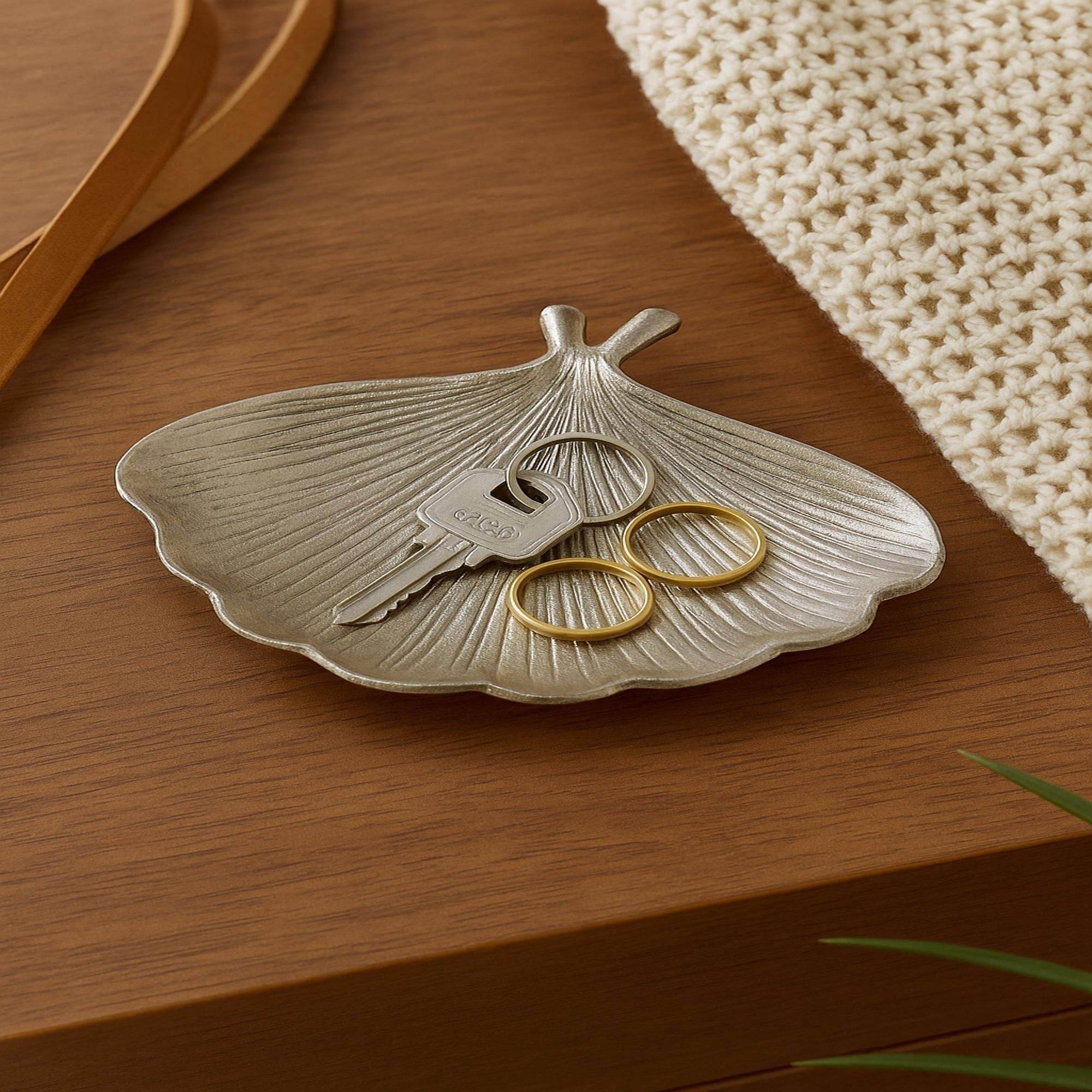 Ginkgo Leaf Nickel Finished Aluminum Trinket Dish – 8.7x6.7x2' Decorative Accent