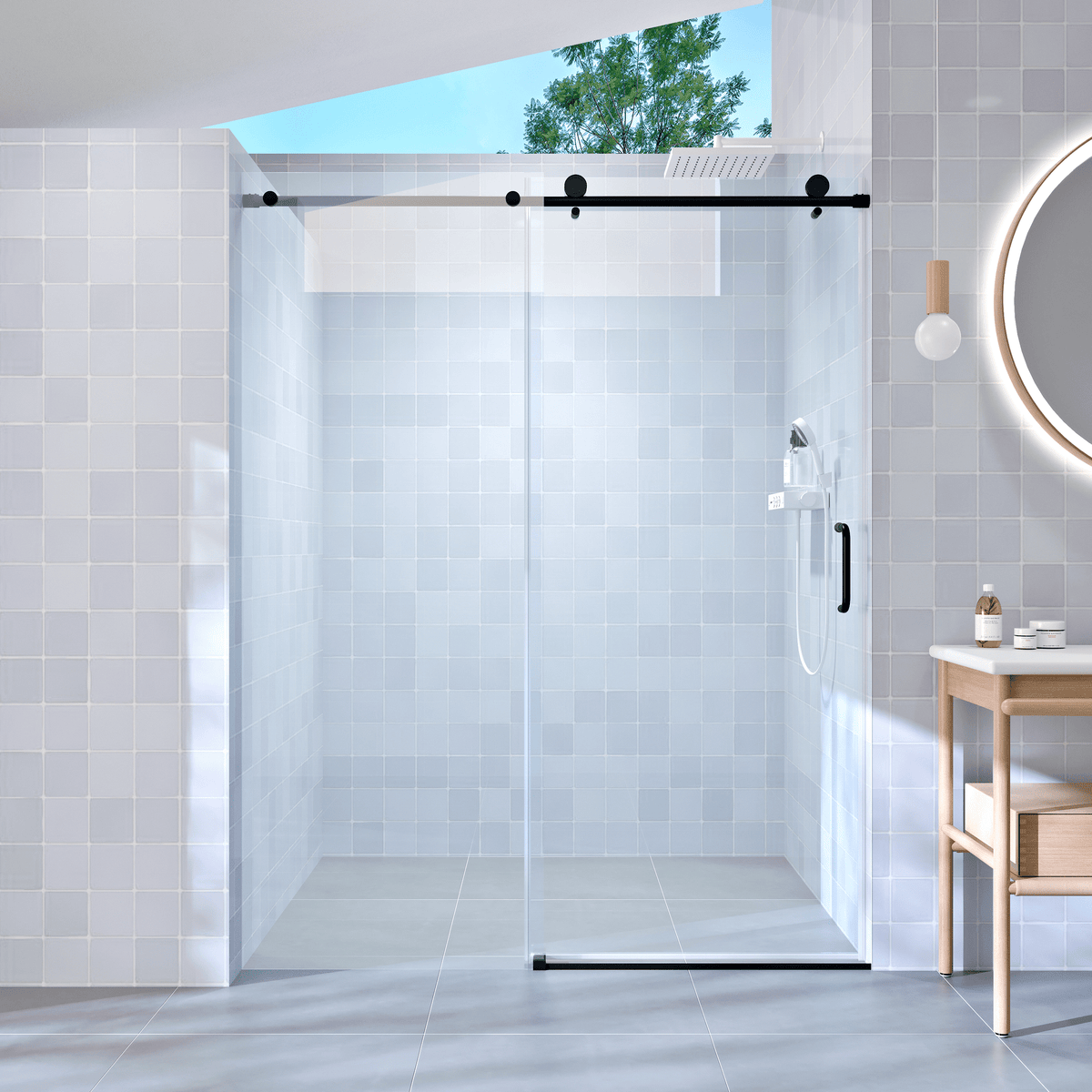 56' - 60' W x 76' H Single Sliding Shower Door, Frameless Bathroom Sliding Door with 1/4' (6mm) Tempered Glass for Walk-in Shower, Matte Black 25D06-60MBX