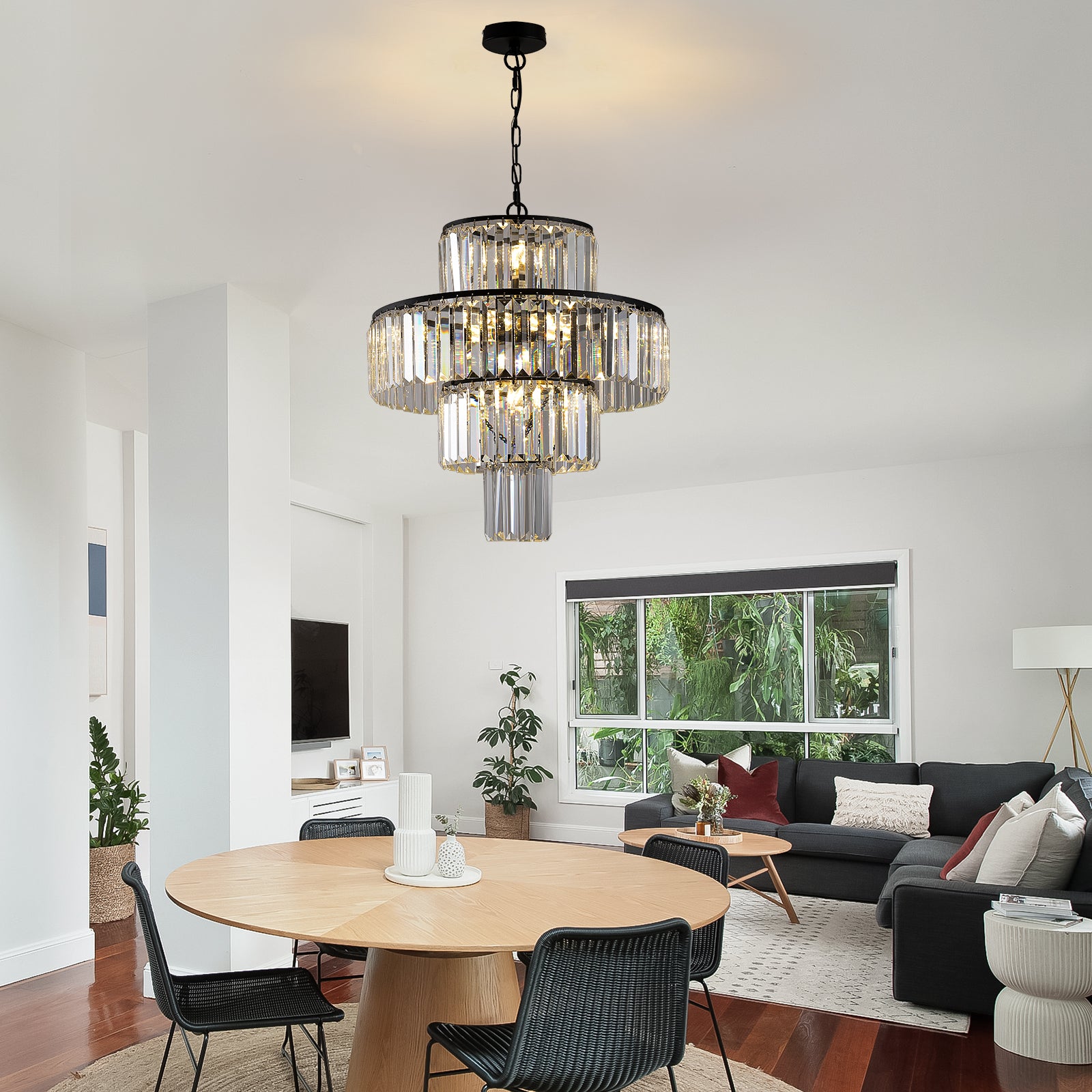 20' Modern Crystal Chandelier with Black Finish, 4-Tier Design for Dining Room or Living Room, Elegant Crystal Pendant Light Fixture (Bulb Not Included)