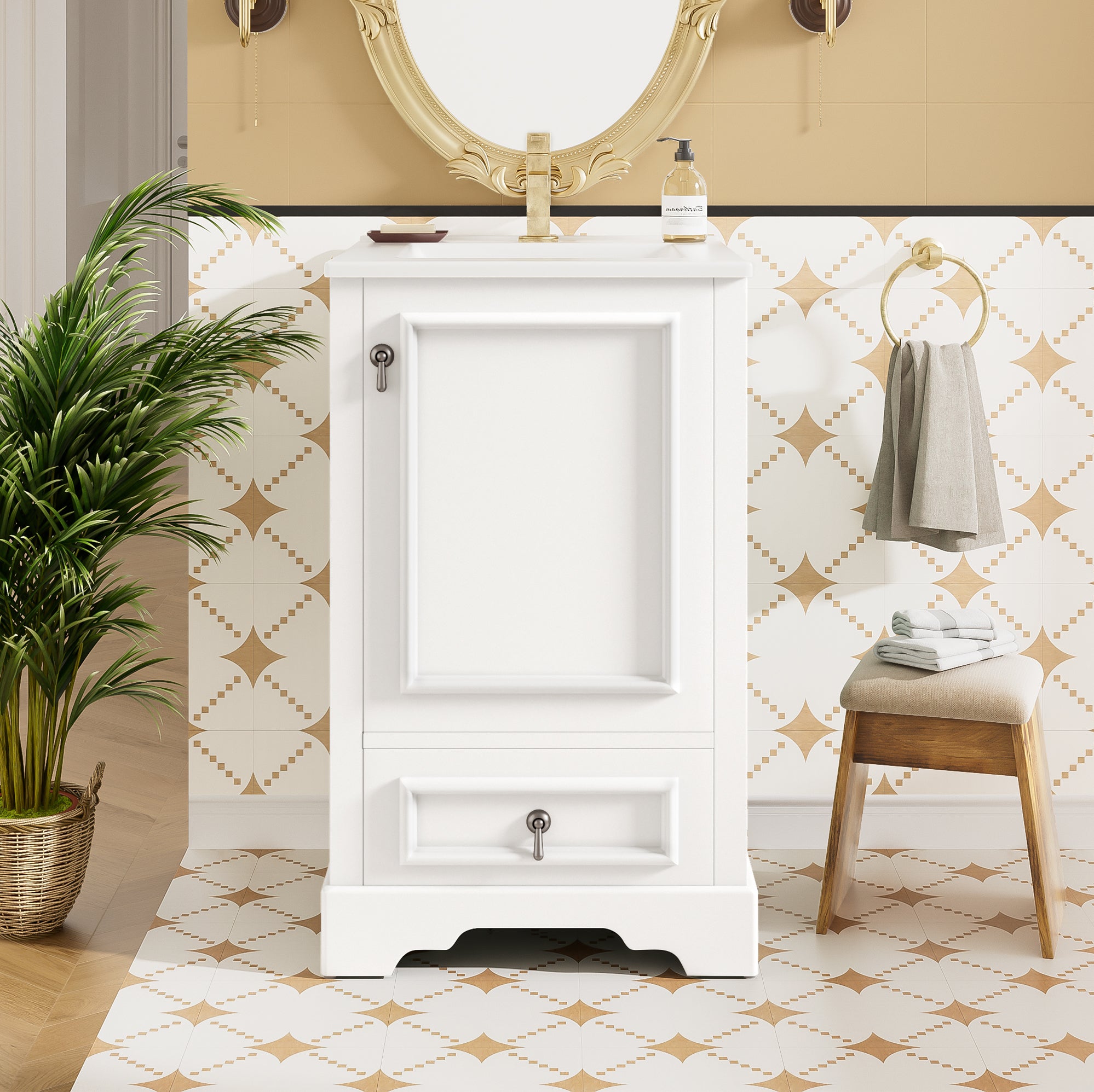 20 Inch Bathroom Vanity with Ceramic Sink, Soft Close Door, Adjustable U-Shaped Shelf, Compartment Drawer and Door Storage Rack, Modern Style, Space-Saving Design