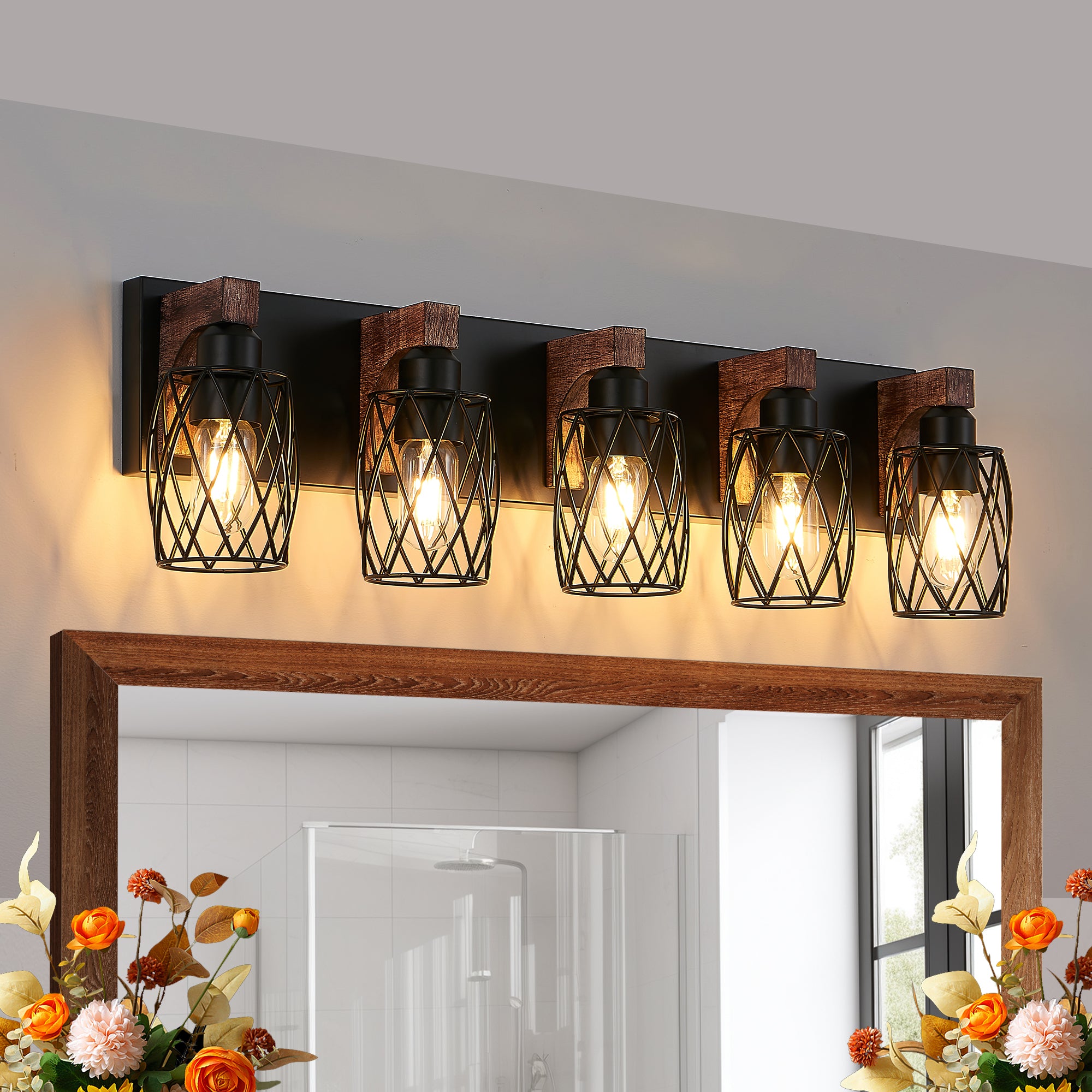 31' Industrial Vintage 5-Light Wall Sconce - Black Cage Wall Lighting Fixture with Wooden Accents for Bathroom, Hallway, or Living Room (Bulb Not Included)