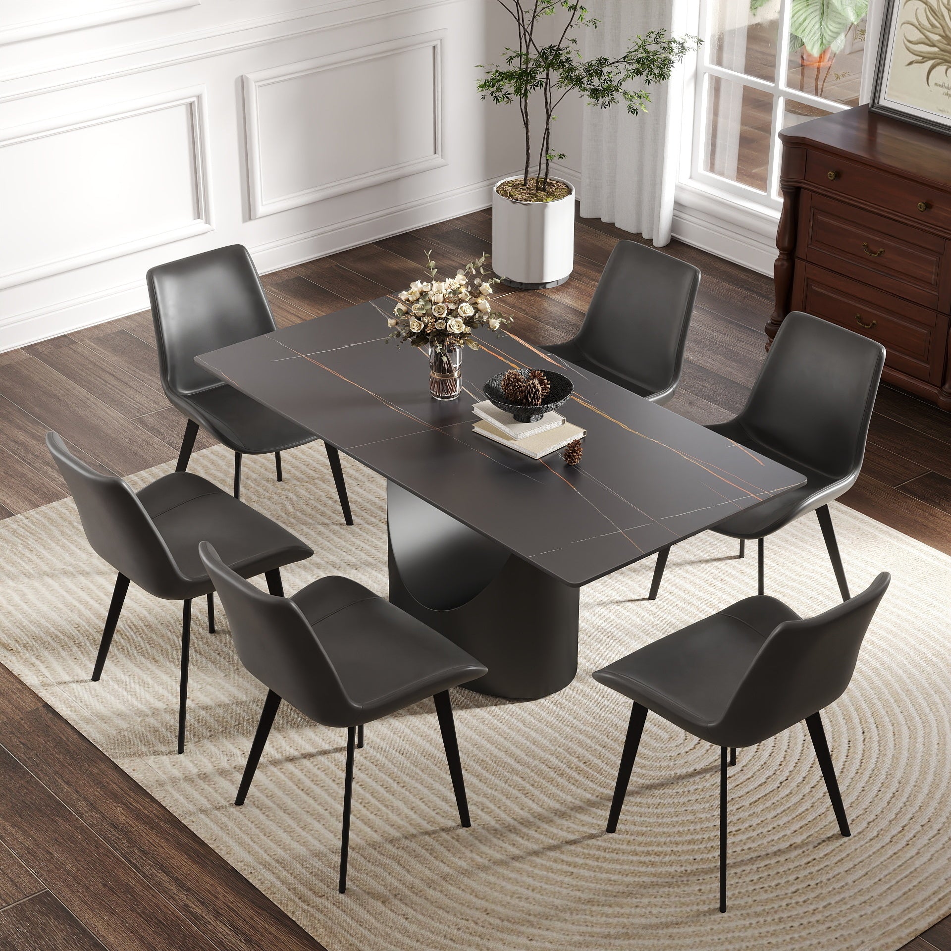 63 'Modern Artificial Stone Black Panel Black Iron Metal Legs-Can Accommodate 6-8 People