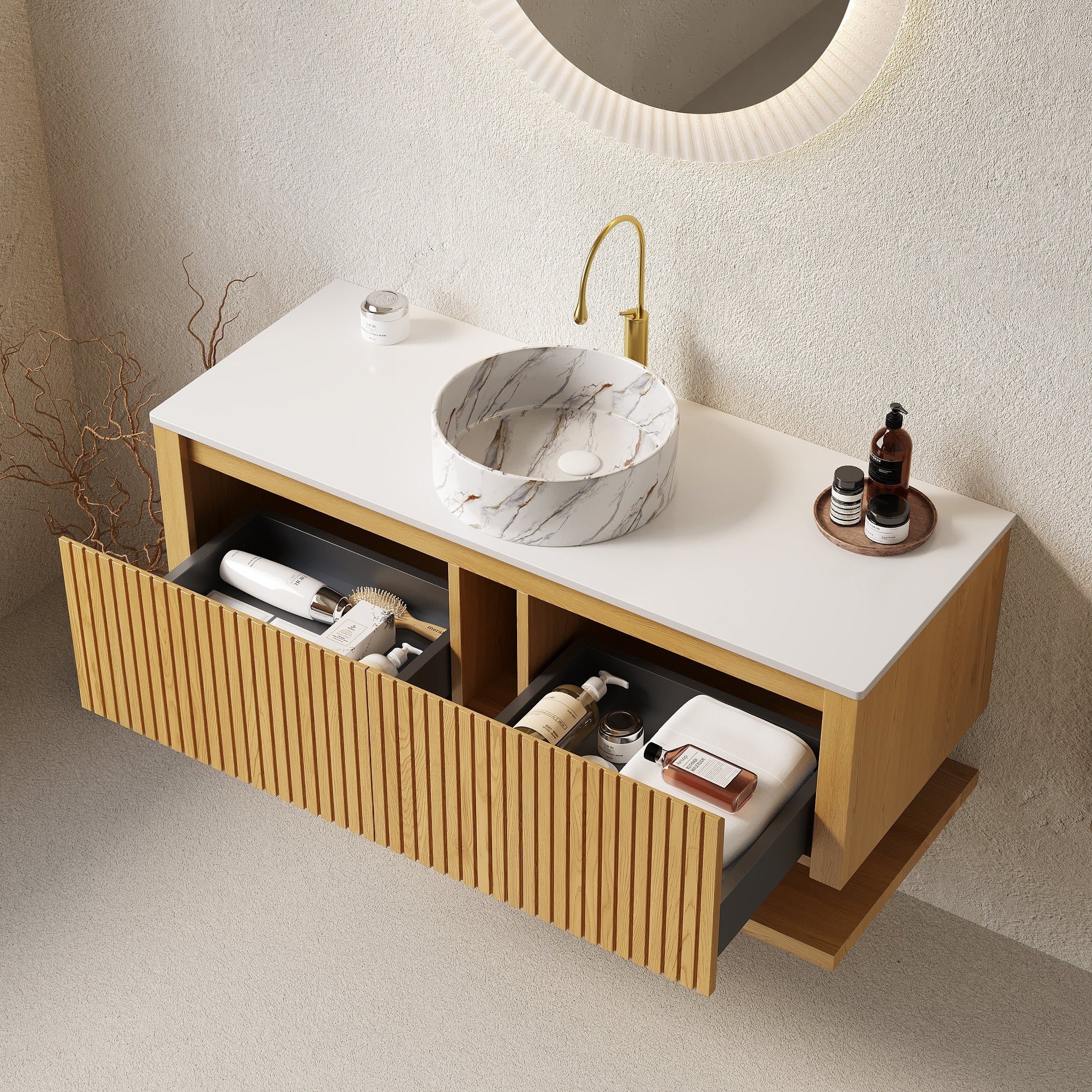 HIZON 48' Wall-Mounted Plywood Bathroom Storage Cabinet, NO Basin, Corolla Oak Woodgrain Color
