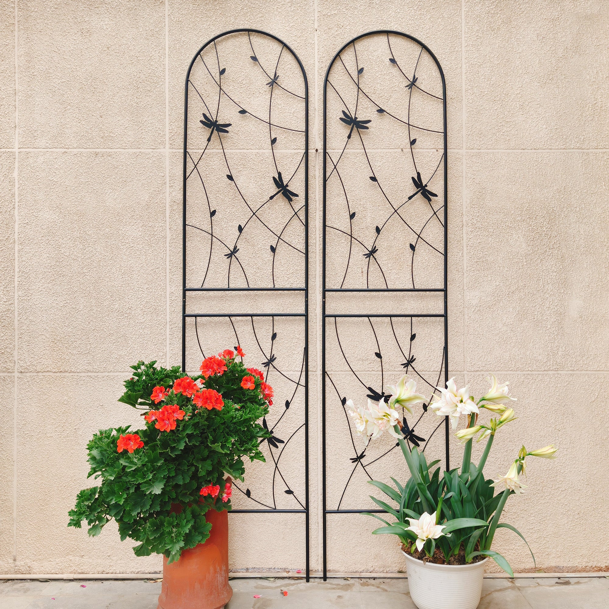 2 Pack Metal Garden Trellis 86.7' x 19.7' Rustproof Trellis for Climbing Plants Outdoor Flower Support Dragonfly Deco Black