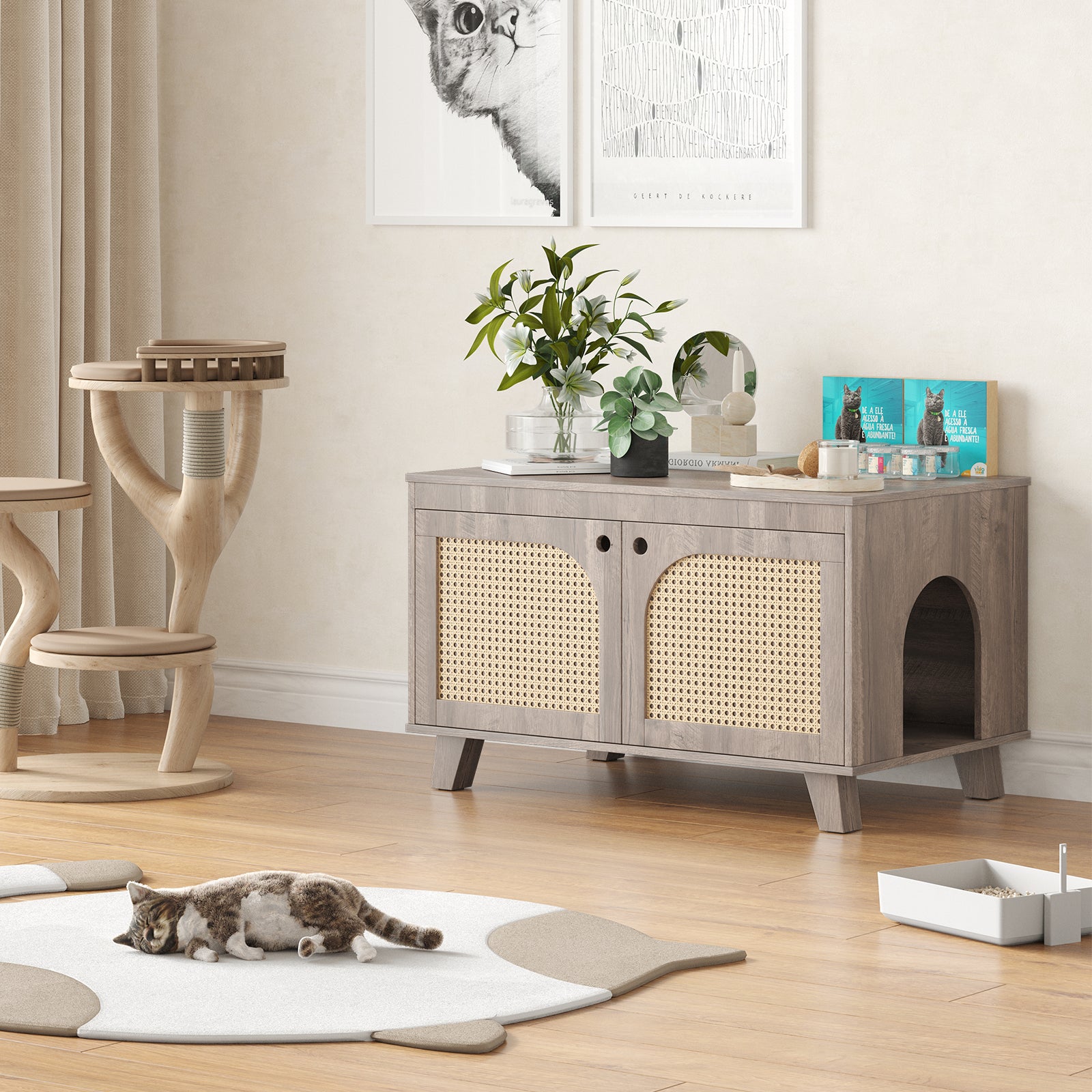 Flip Top Hidden Cat Litter Box Enclosure Furniture Cabinet with Rattan Decorated Doors for Your Home, Two Entrances