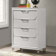 Contemporary Glam Pearl White 1pc Chest of Drawers Acrylic Handles Embossed Panels English Dovetails 5-Drawers Tall Dresser