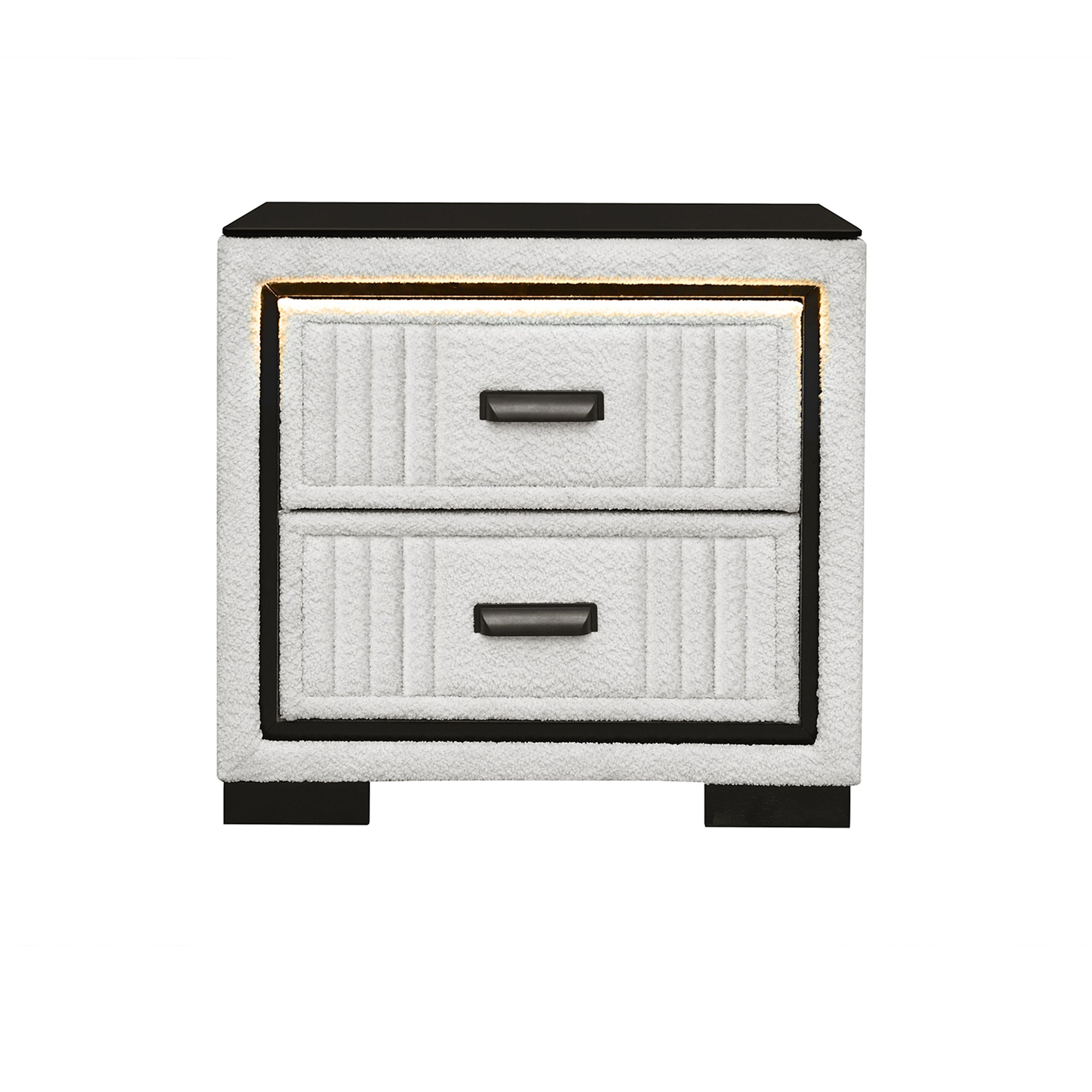 Isaiah White and Black Nightstand with Upholstered Frame, LED Light, Block Feet, Spacious Drawers, Sturdy Construction