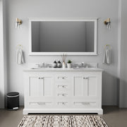 White Double Bath Vanity 60 in. W x 22 in. D, Carrara Marble Top, and Faucet Set