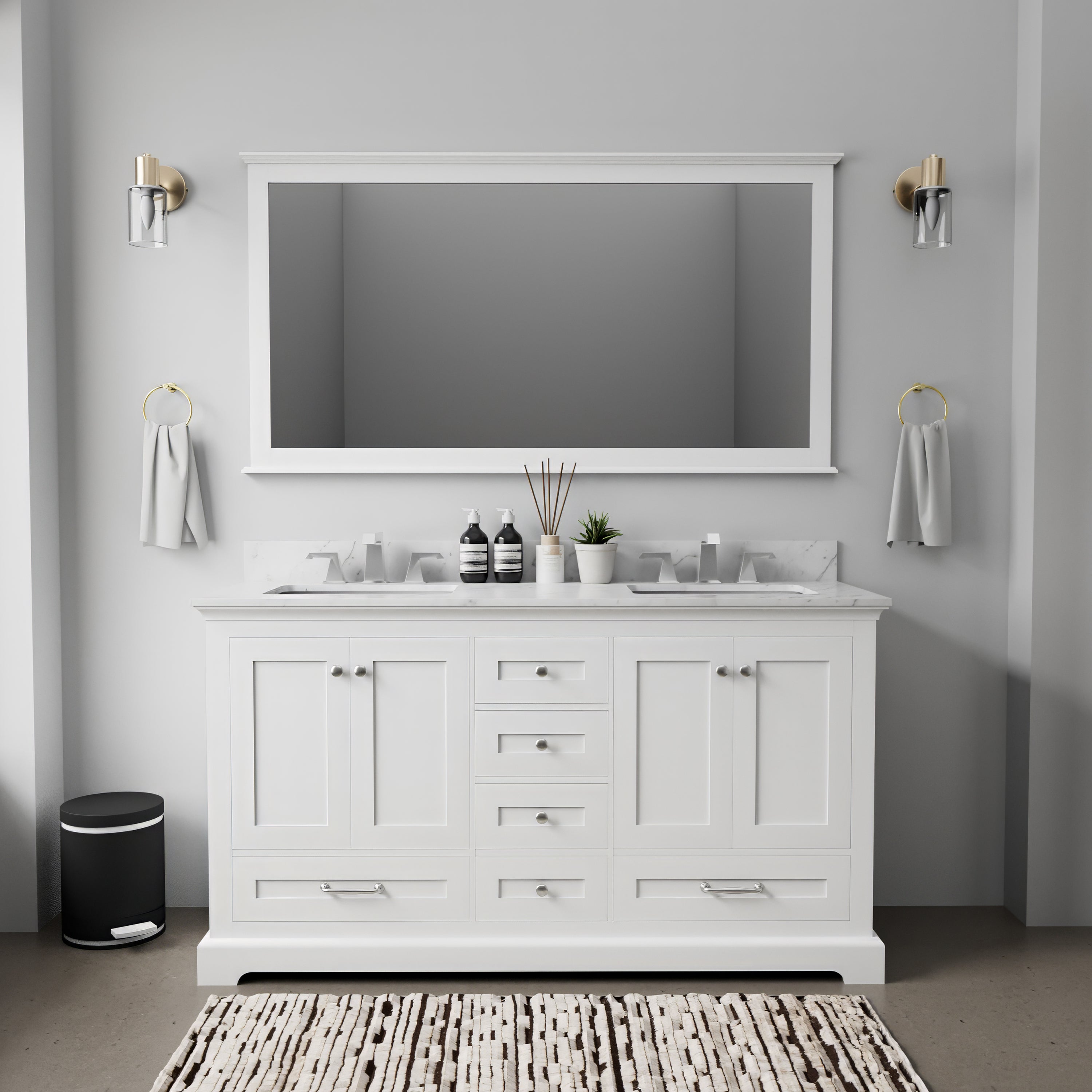 White Double Bath Vanity 60 in. W x 22 in. D, Carrara Marble Top, and Faucet Set