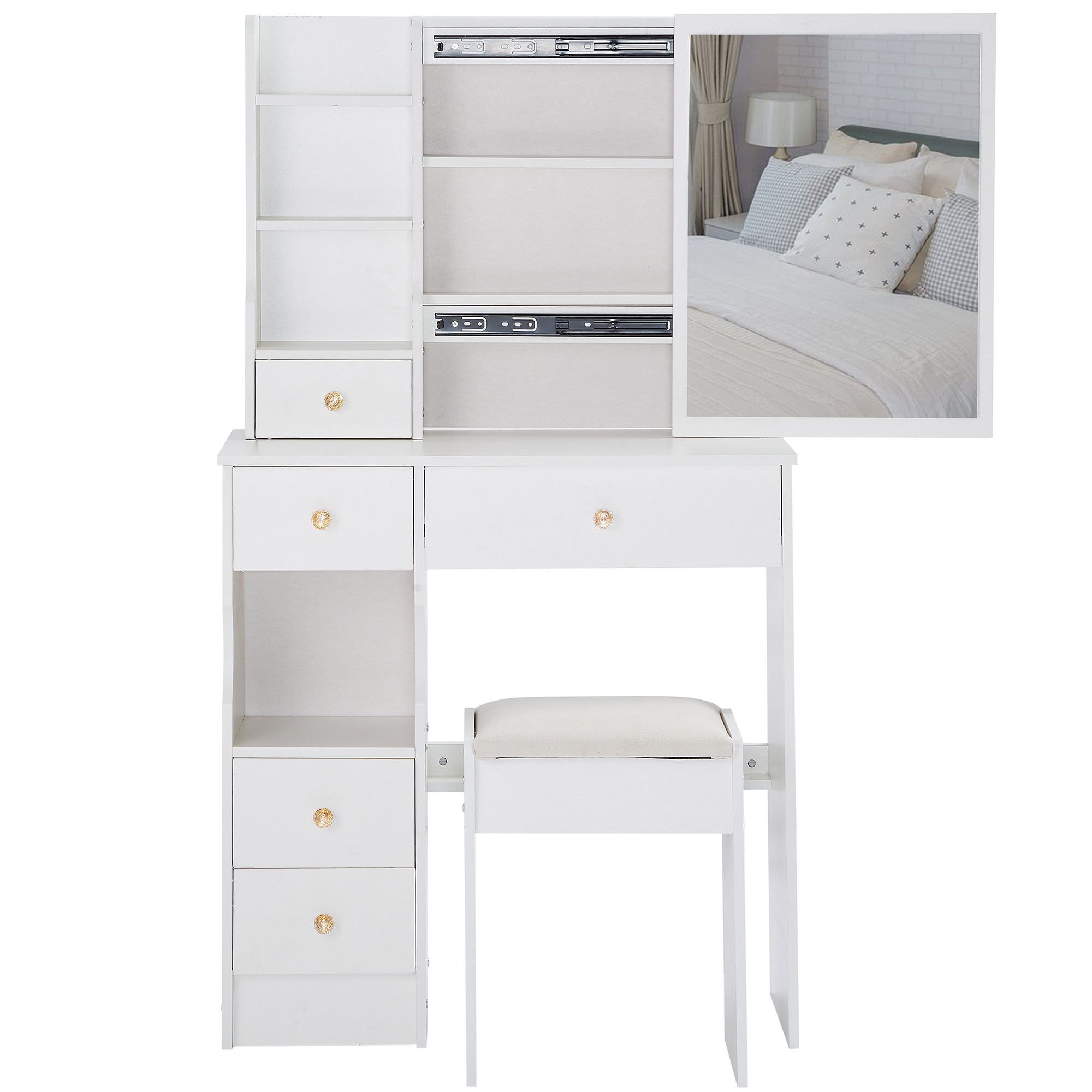 29.2' Small Space Left Drawer Desktop Vanity Table + Cushioned Stool, Extra Large Right sliding mirror, Multi Layer High Capacity Storage, Practical Fashionable Dresser, Suitable For Small Space