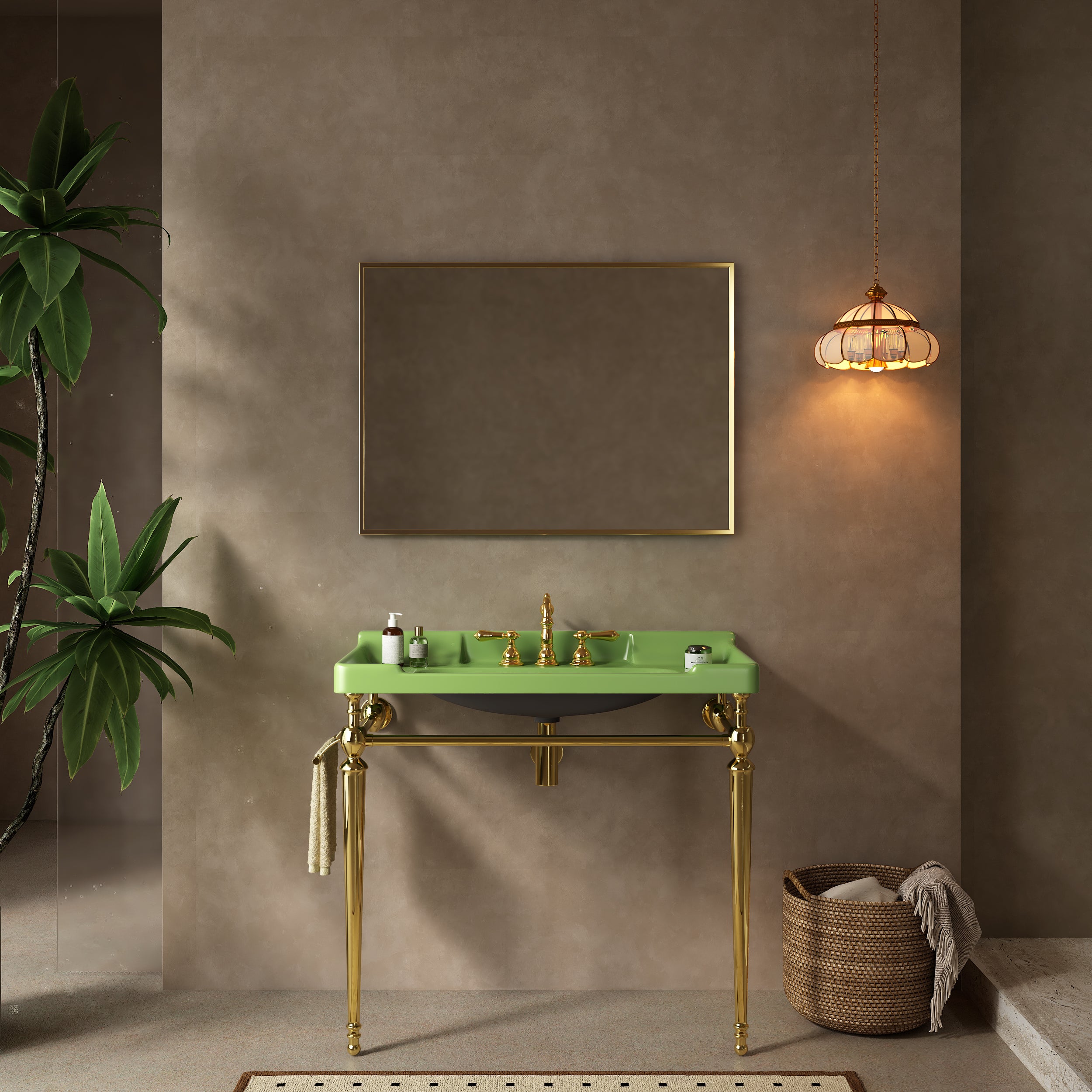 VICI 36' Bathroom Console Sink, Wall-Mounted Green Ceramic Vanity Basin with 3 Pre-drilled Faucet Holes, Freestanding Stainless Steel Support Legs with Towel Bar, No Faucet, Gold Color