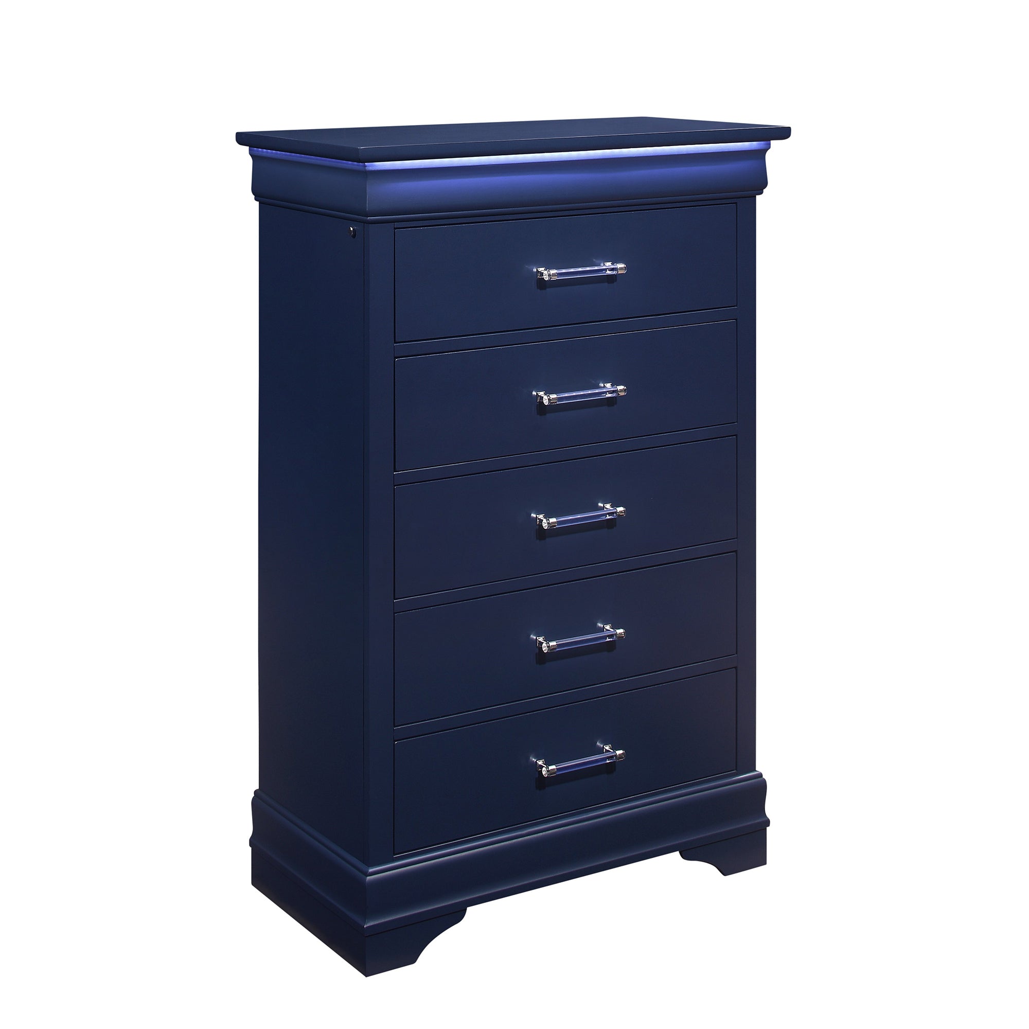 Charlston Blue Chest with LED Lighting, Solid Wood and MDF, 5-Drawer, 32.36' x 16.22' x 48.94'