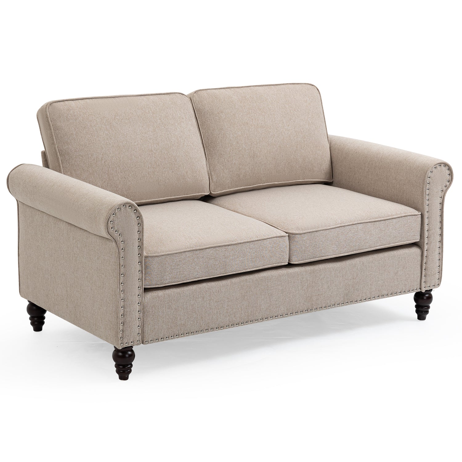 Mid Century Modern Loveseat Sofa, Button Tufted, Light Beige Burlap, 2 Seater, 45 inch
