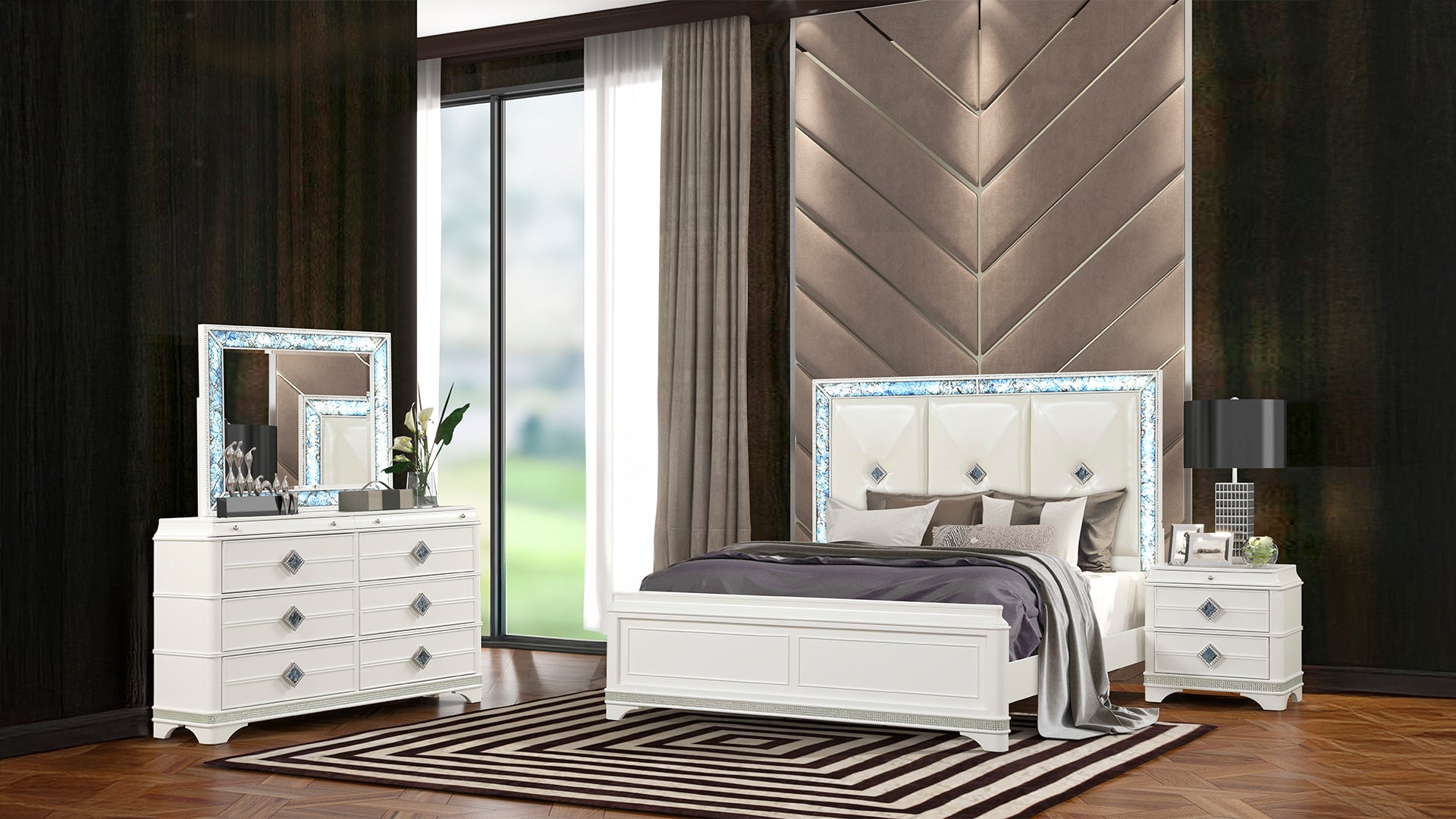 Laguna Modern Style 4 Pc King Upholstered Bedroom Set Made with Wood and Crystal Accents in White(CA INVENTORY)