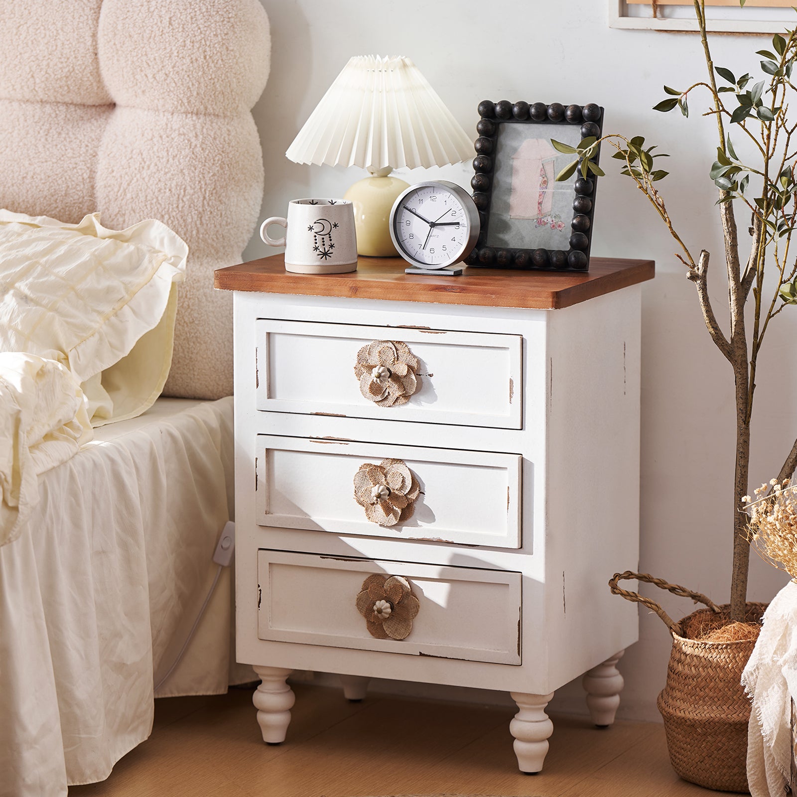 Vintage Farmhouse End Table with Floral Knobs – 19' Rustic Nightstand with 3 Drawers & Gourd Legs,Bedside or Sofa Accent Table, Almost Fully Assembled, Distressed White