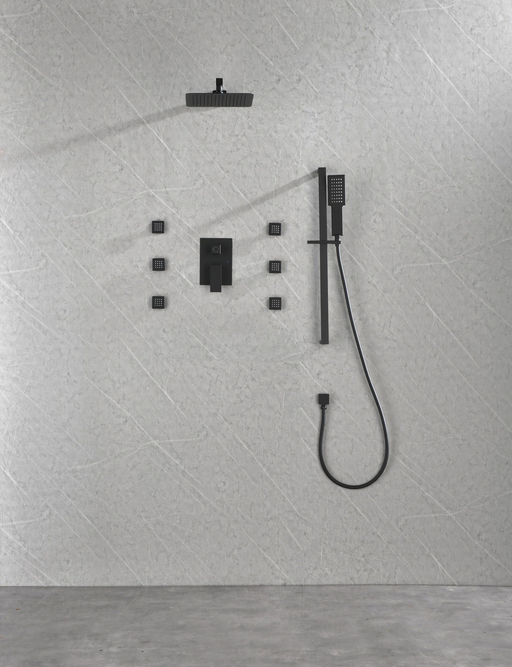 Wall mounted shower system with 6 body sprays and hand shower