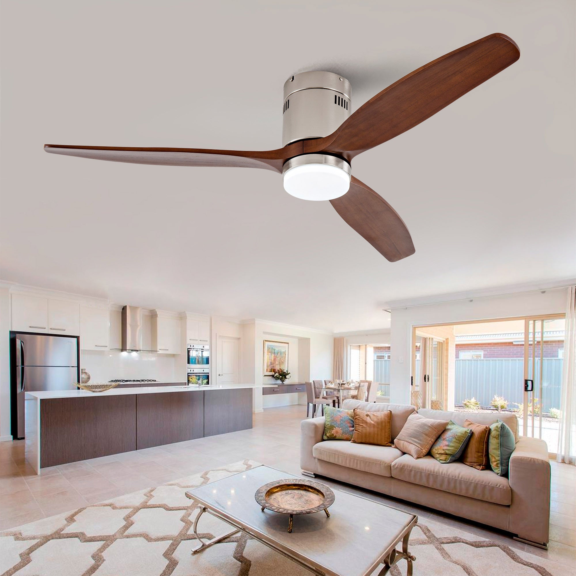 Hot sales 52 Inch Modern Ceiling Fan With 3 Color Dimmable 3 Solide Wood Blades Remote Control Reversible DC Motor With Led Light