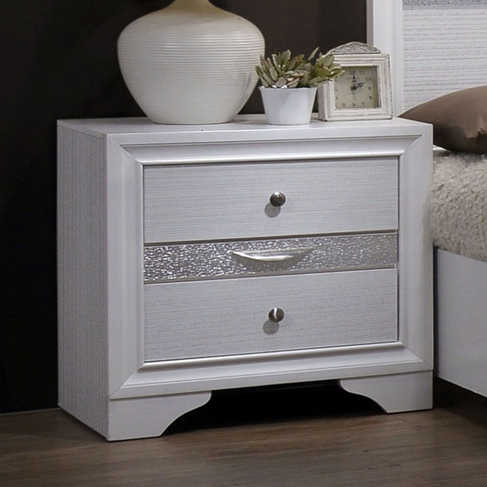 Contemporary White 1pc Nightstand Nickle round Knob Handles English Dovetails Hidden Drawer Bedside Table