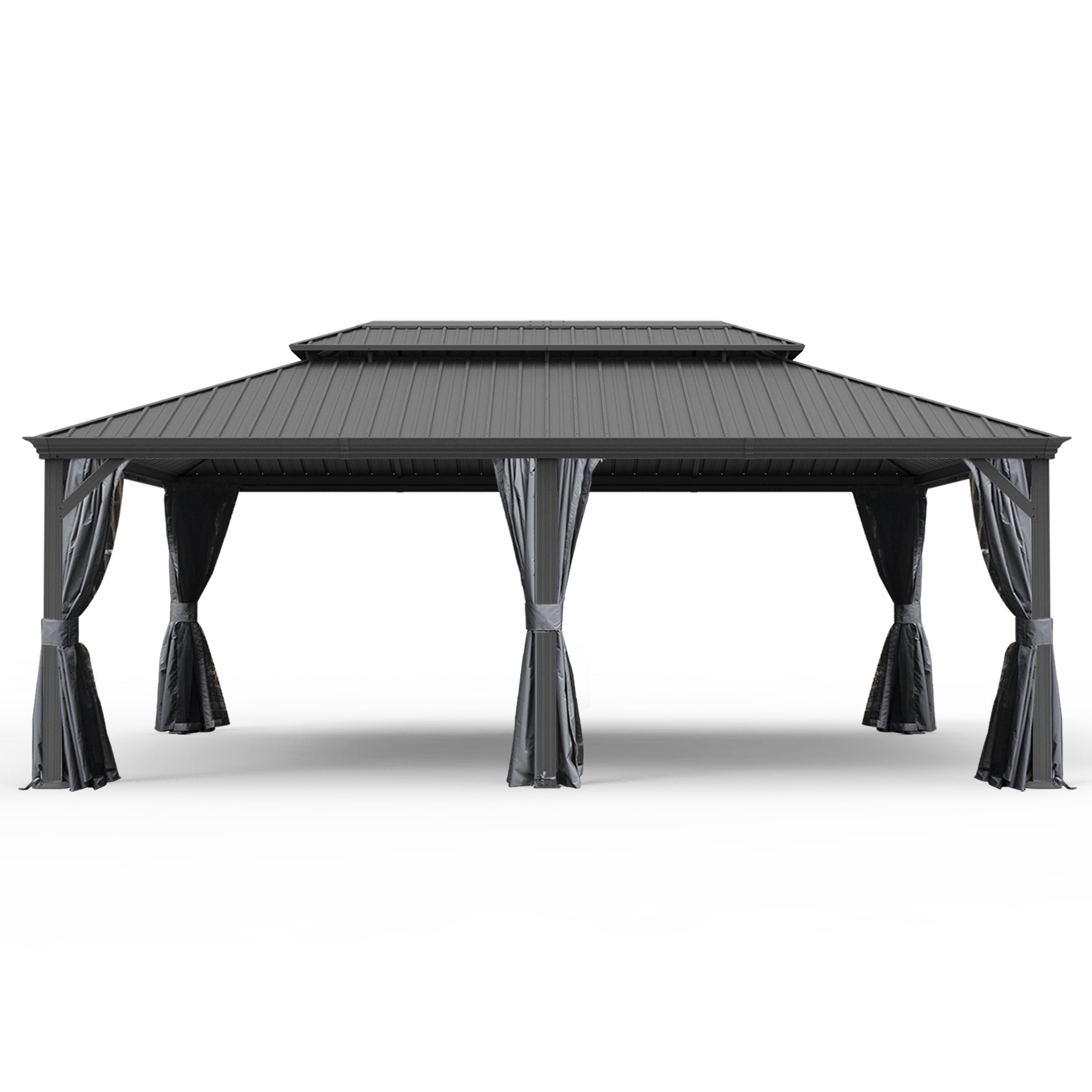 14' X 24' Hardtop Gazebo, Upgraded Metal Gazebo with Drainage System, Dual-Layer Galvanized Steel Roof, Curtain and Netting, Outdoor Shelter Canopy for Patio, Garden, and Backyard, Grey