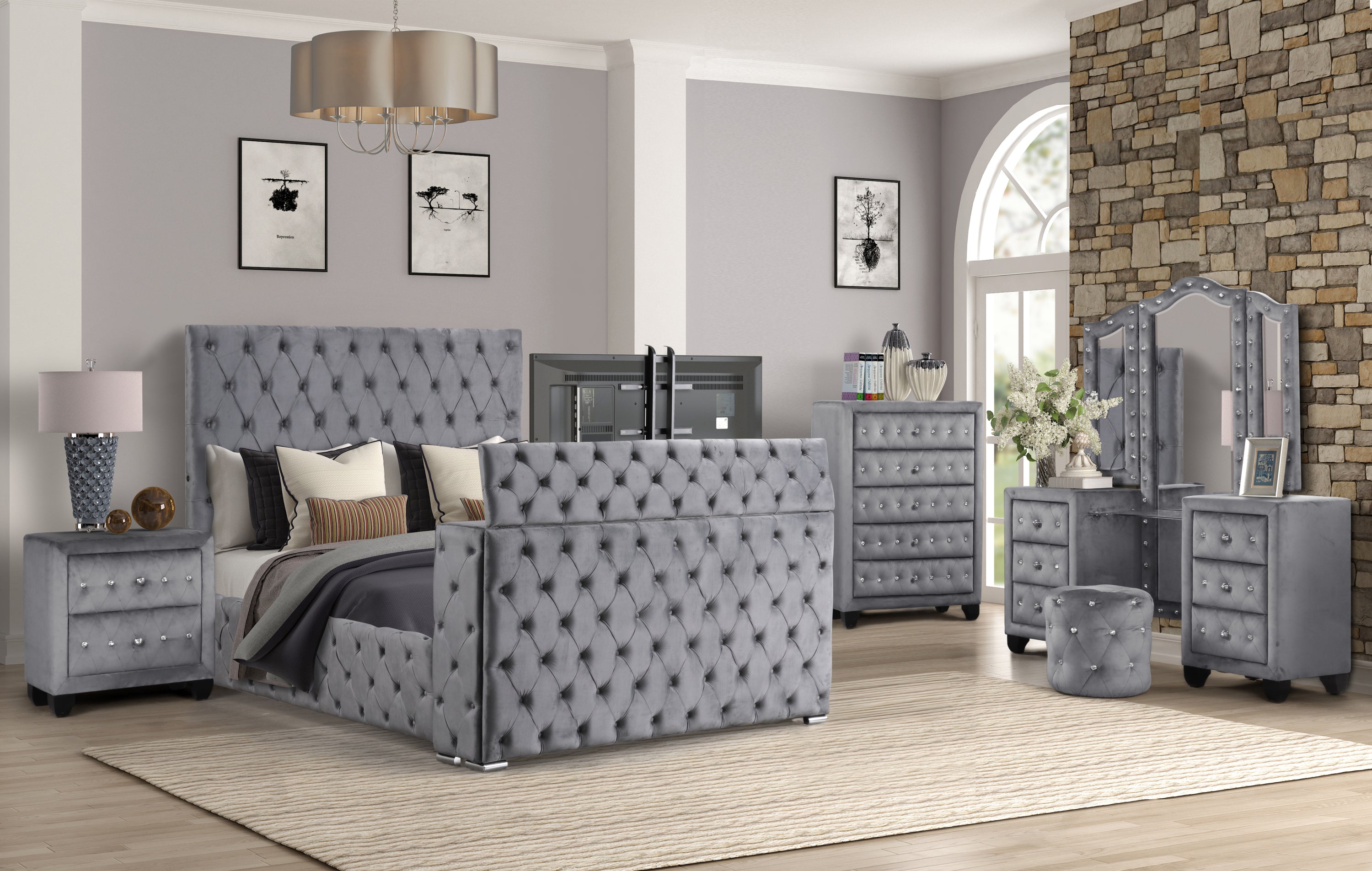 Encore Modern Style Tufted and Upholstered Queen 5PC Vanity Bedroom set made with wood in Gray(NJ INVENTORY)
