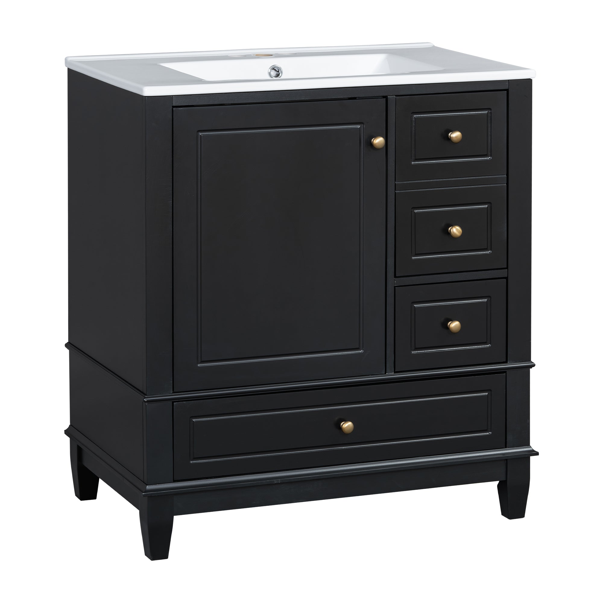 30' Bathroom Vanity with Sink, One Door with Shelf and Three Drawers, Soft Close Door, Black