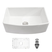 White Ceramic Farmhouse Sink 30 inch Apron Front Single Bowl with Arch Edge for Modern Kitchen, White, Ceramic, 30 x 19 x 10 inches