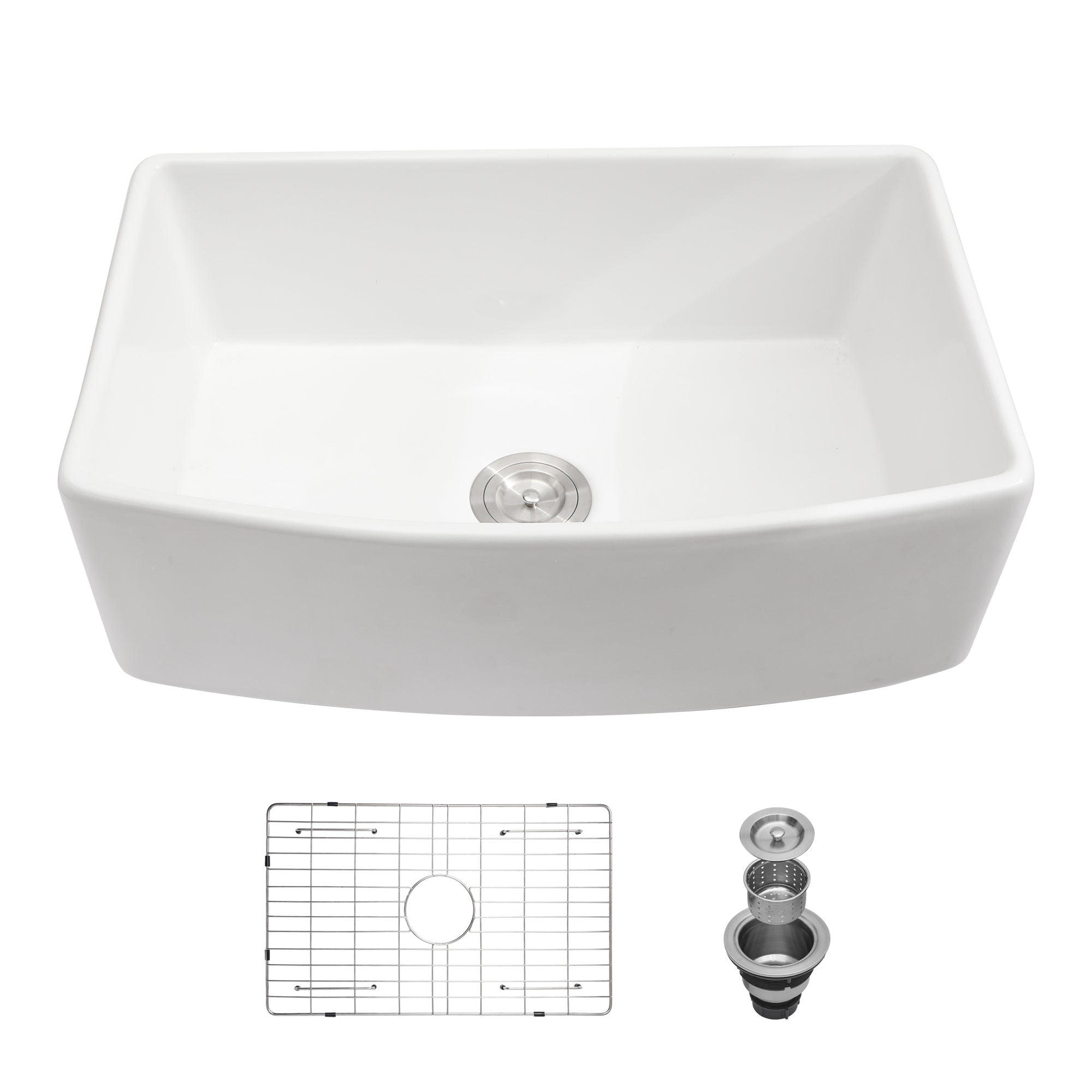 White Ceramic Farmhouse Sink 30 inch Apron Front Single Bowl with Arch Edge for Modern Kitchen, White, Ceramic, 30 x 19 x 10 inches