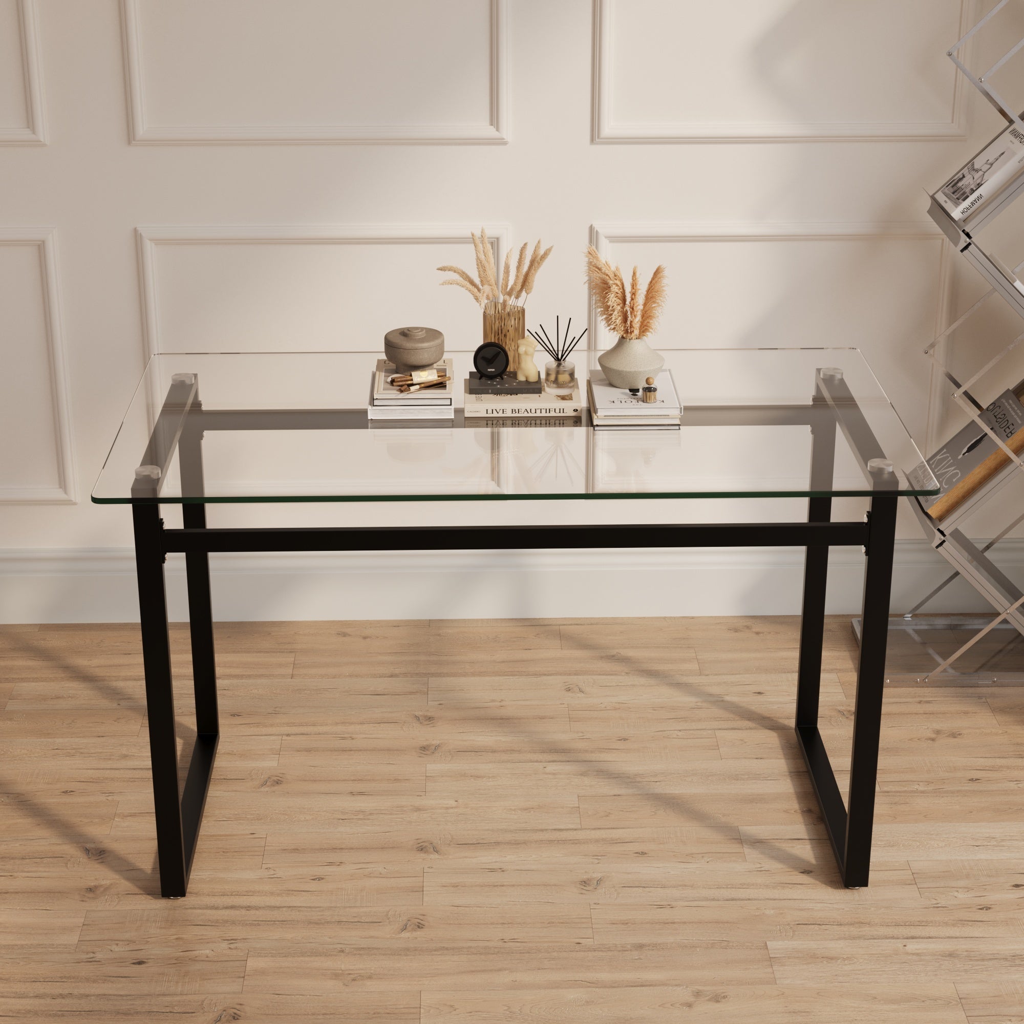 51' Modern Minimalist Rectangular Glass Dining Table for 4-6 with 0.31' Tempered Glass Tabletop and Black Chrome Metal Legs, Writing Table Desk, for Kitchen Dining Living Room (0 damage)