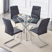 Table and chair set.36.6'Round clear glass dining table with a unique shape with ring-shaped gathered silver metal legs.Paired with 4 Dark gray high-quality PU dining chairs with silver metal legs.
