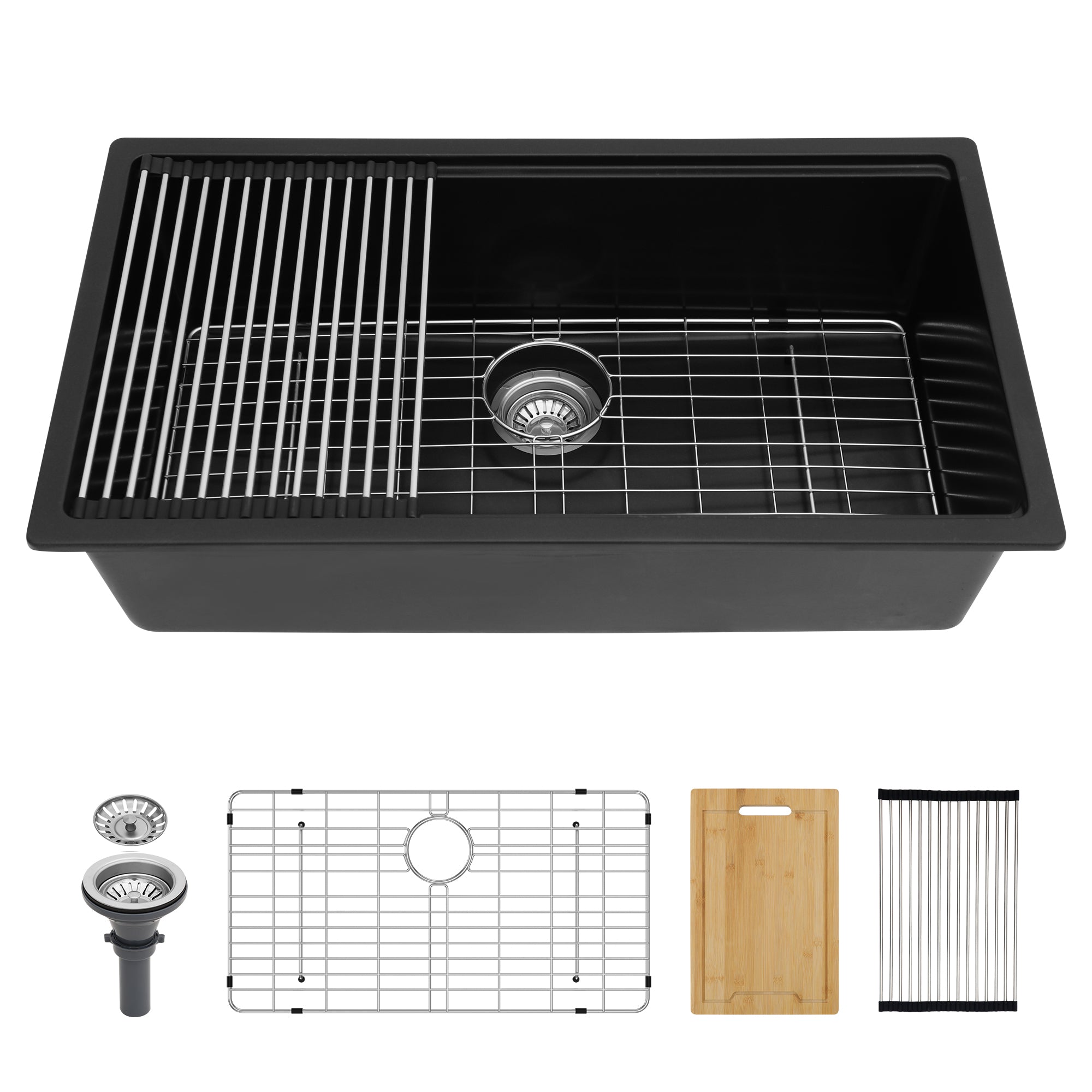 Quartz Composite Kitchen Sink Workstation Undermount 33x19 Inches Black Granite