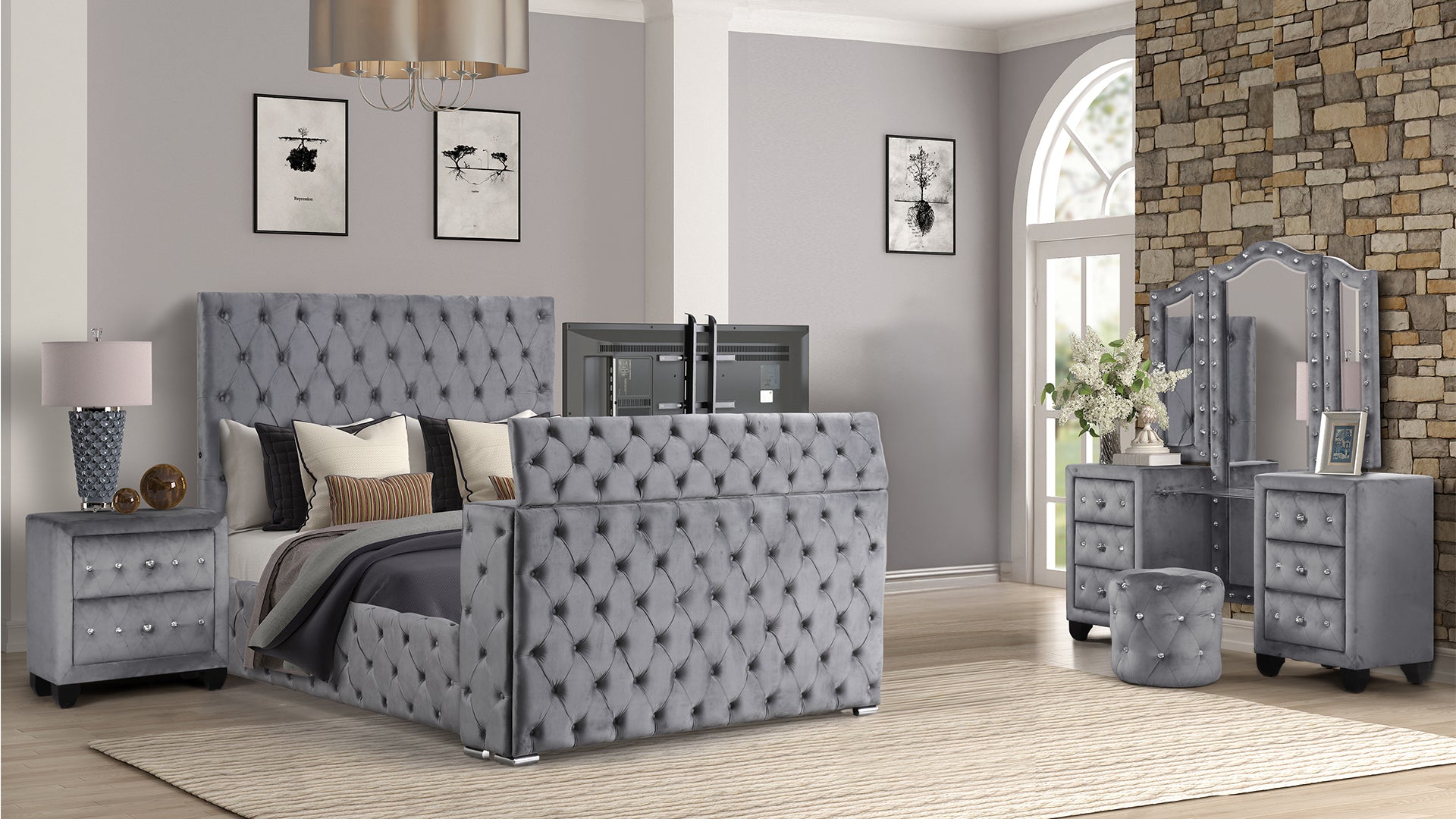 Encore Modern Style Tufted and Upholstered Queen 4PC Vanity Bedroom set made with wood in Gray(CA INVENTORY)