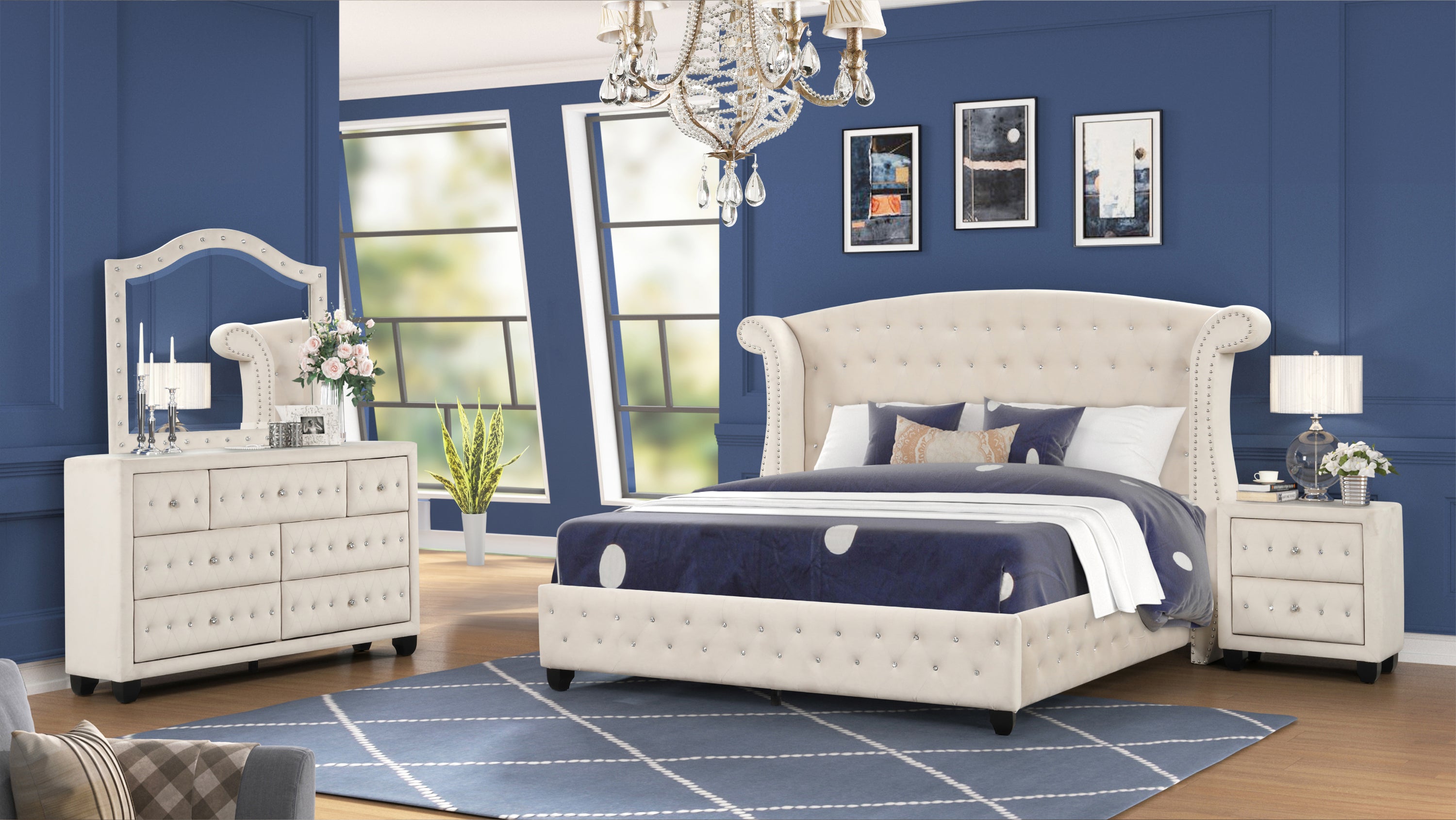 Queen 4 Pc Bedroom Set Made with Wood in Cream (CA INVENTORY)