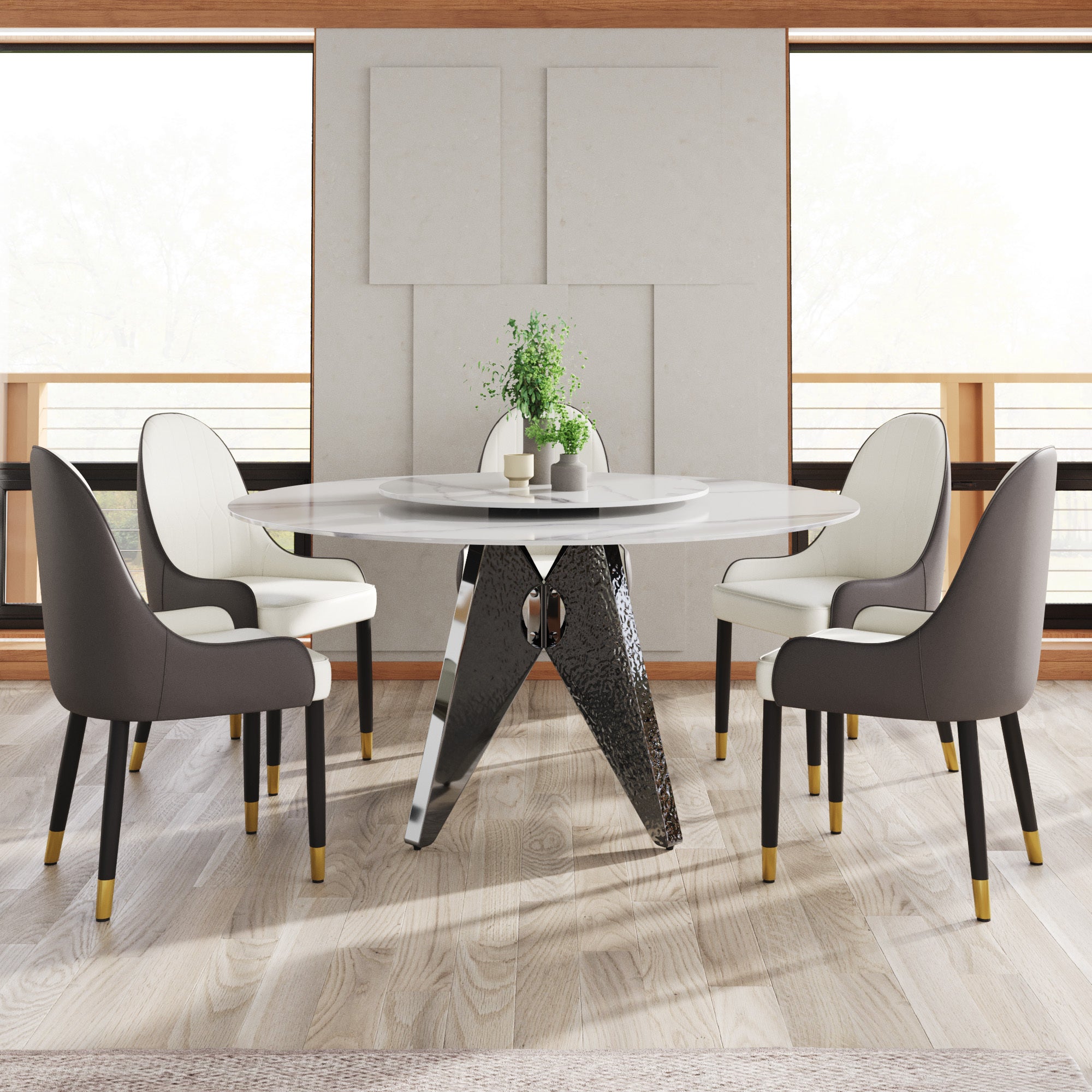 59.05' Round Marble Dining Table with Silver Stainless Steel Design Base, Artificial Marble for 6-8 People, 31.5'White Artificial Stone Turntable,White (Dining Table Only)