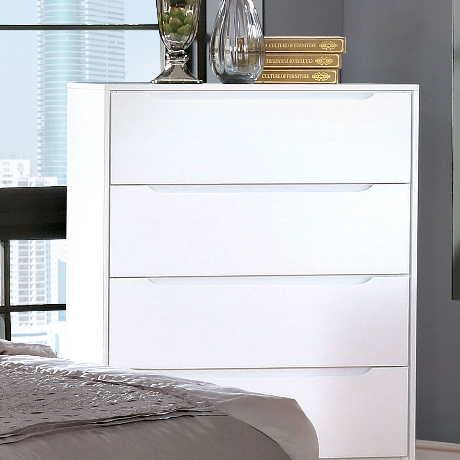 Modern Mid-Century Chest Four Drawers Recessed Handle Tapered Round Legs White Finish Bedroom