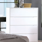 Modern Mid-Century Chest Four Drawers Recessed Handle Tapered Round Legs White Finish Bedroom