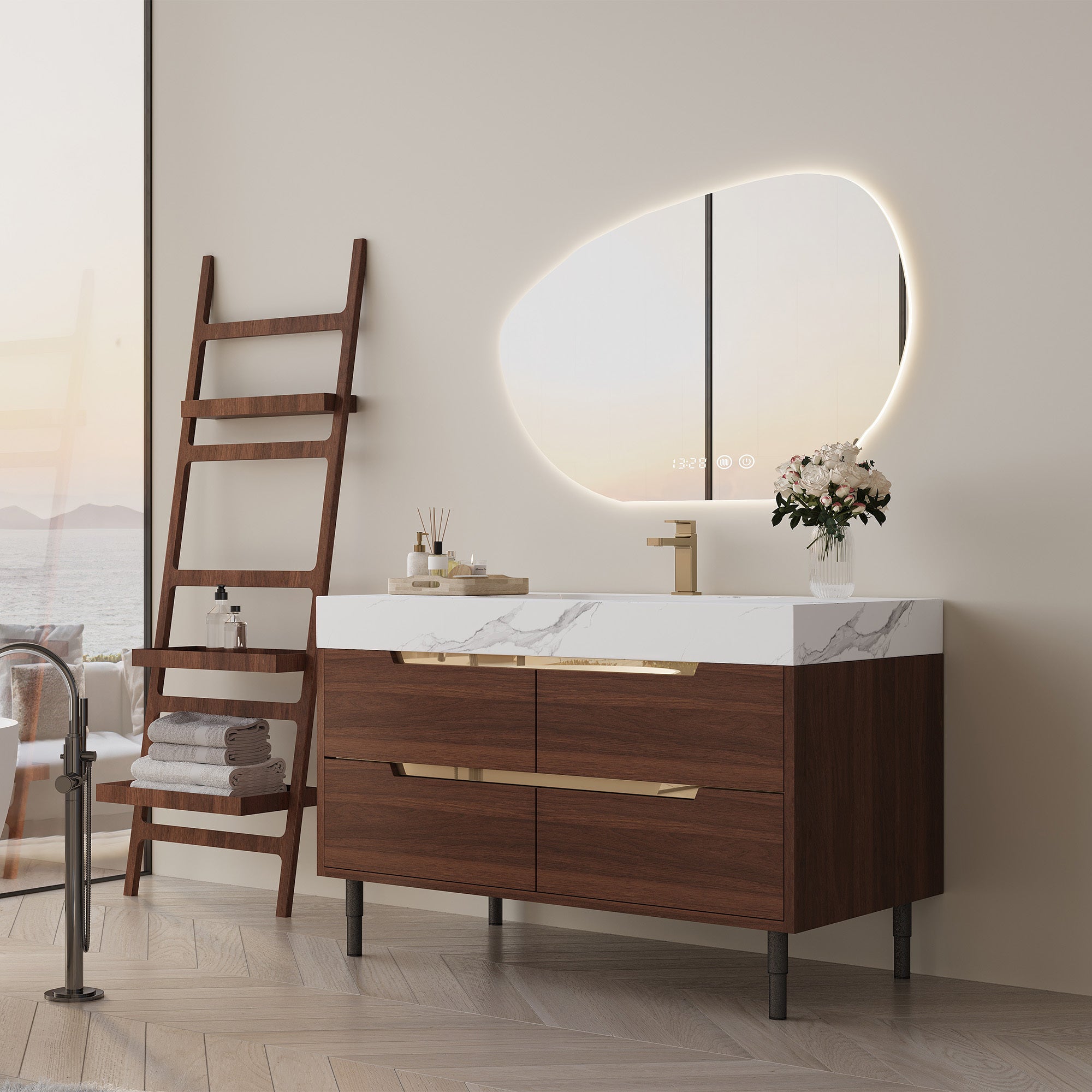 35.4' Farmhouse Free-standing Sintered Stone Bathroom Vanity with Undermount Sink, Waterproof Multi-layer Solid Wood, 4 Drawers Storage, Wall-Mounted