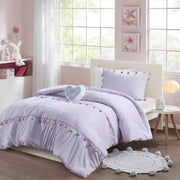 3 PCS Twin Tassel Comforter Set with Heart Shaped Throw Pillow Lavender