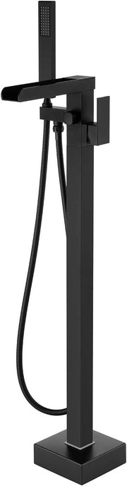Bathroom Freestanding Waterfall Tub filler Matte Black Floor Mount Faucet with Hand Shower