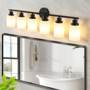 39' Modern 6-Light Vanity Bathroom Mirror Light, Frosted White Glass with Black Iron Frame, Contemporary Wall Sconce for Bedroom, Bathroom, and Dressing Room (No Bulbs)