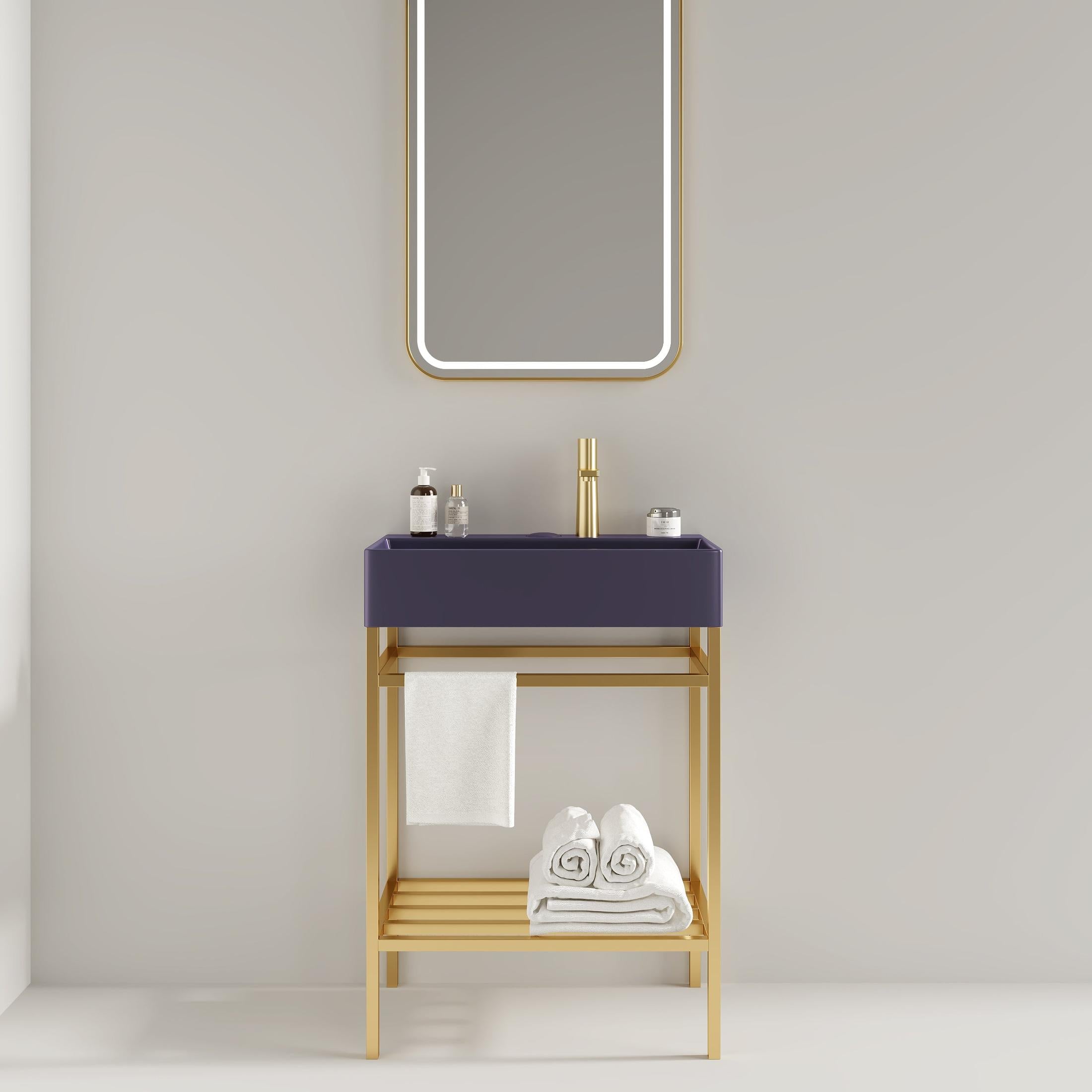 LOFI 24' Bathroom Vanity with Ceramic Basin, Freestanding Bathroom Console Sink Set, Glossy Purple Rectangular Ceramic Basin without Faucet, Open Metal Leg, Storage Shelves, Gold Color